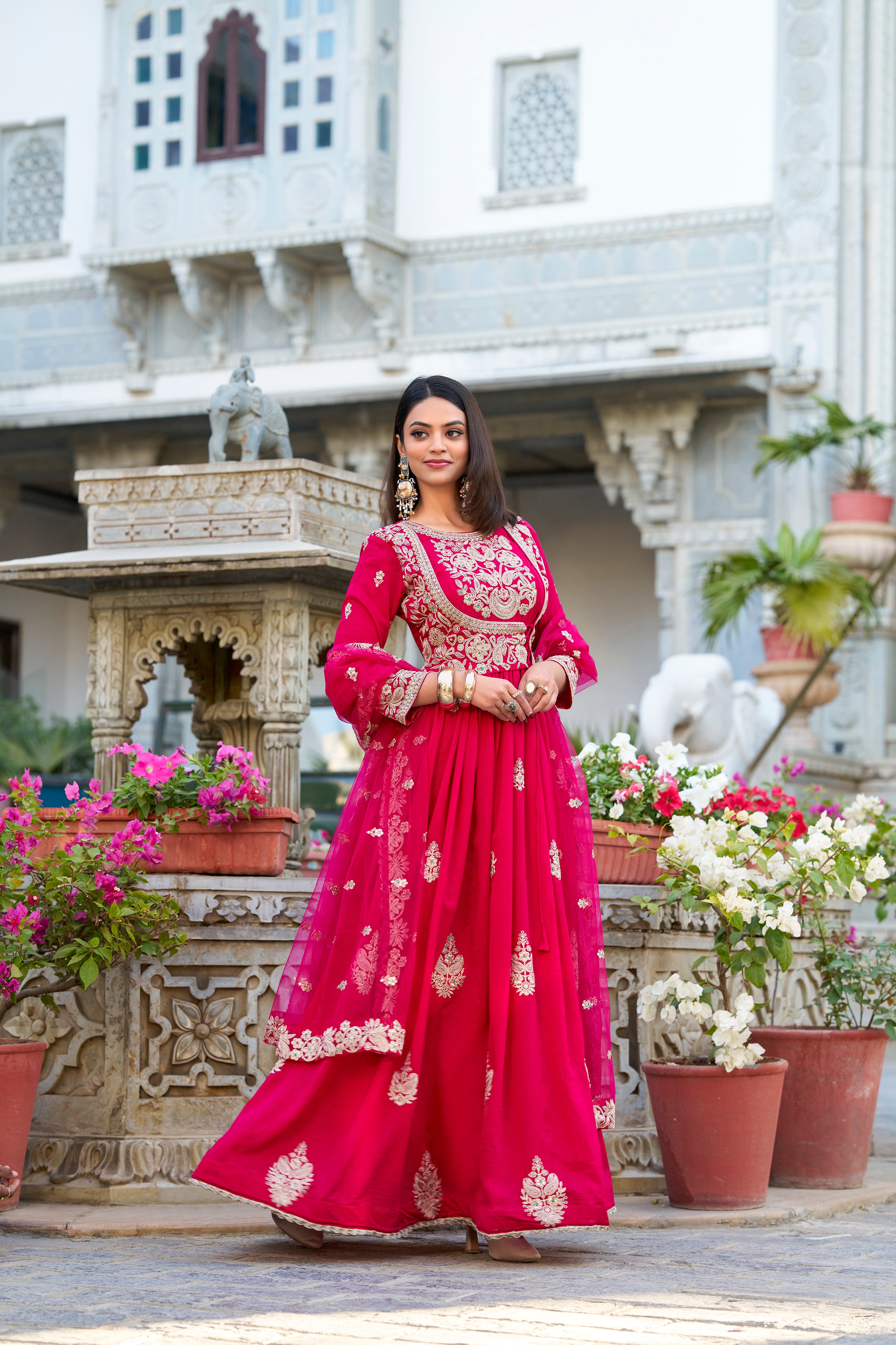 Pink Color Sequins And Thread Embroidery Work With Lace Border Vichitra Silk Gown