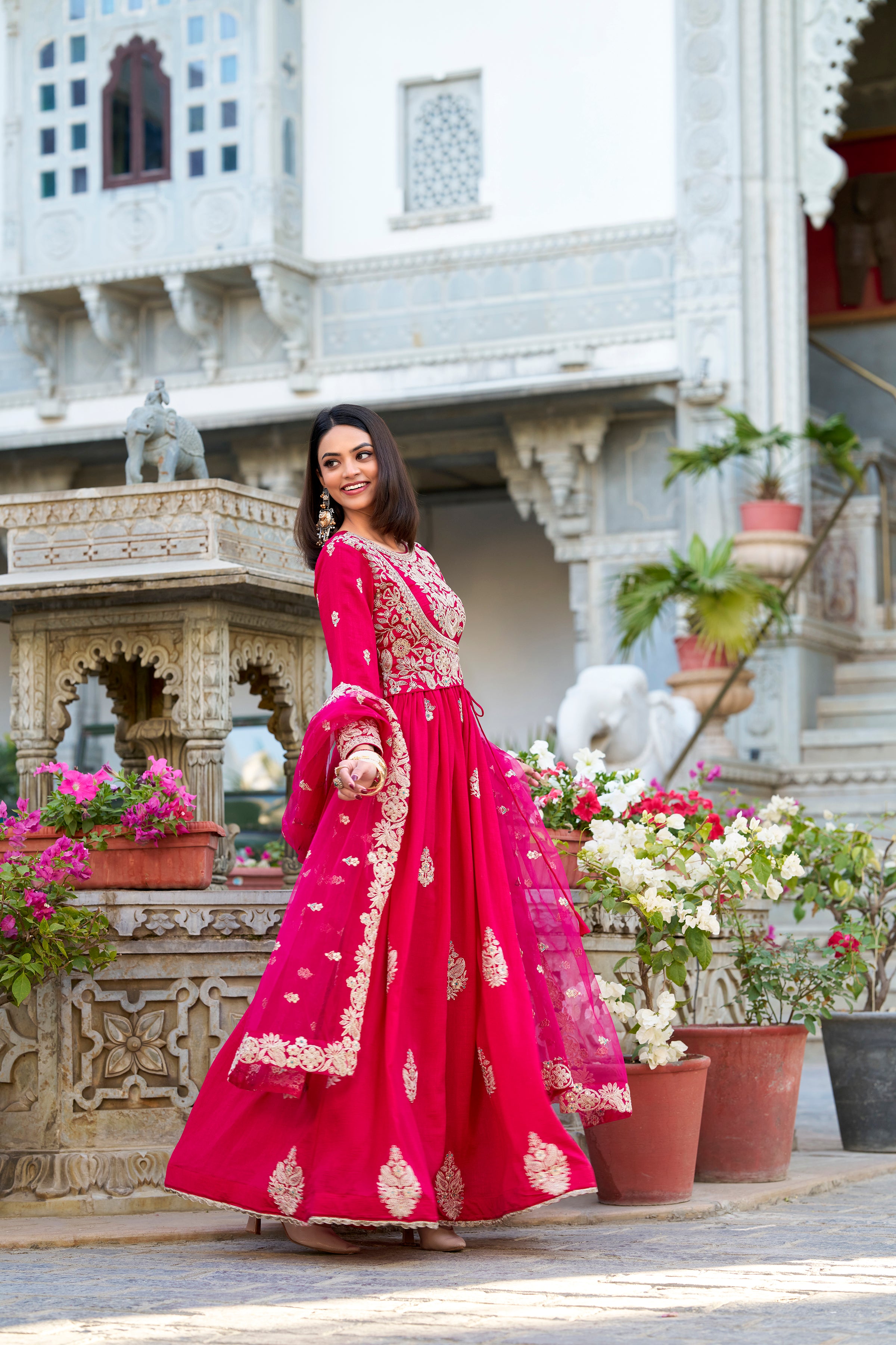 Pink Color Sequins And Thread Embroidery Work With Lace Border Vichitra Silk Gown