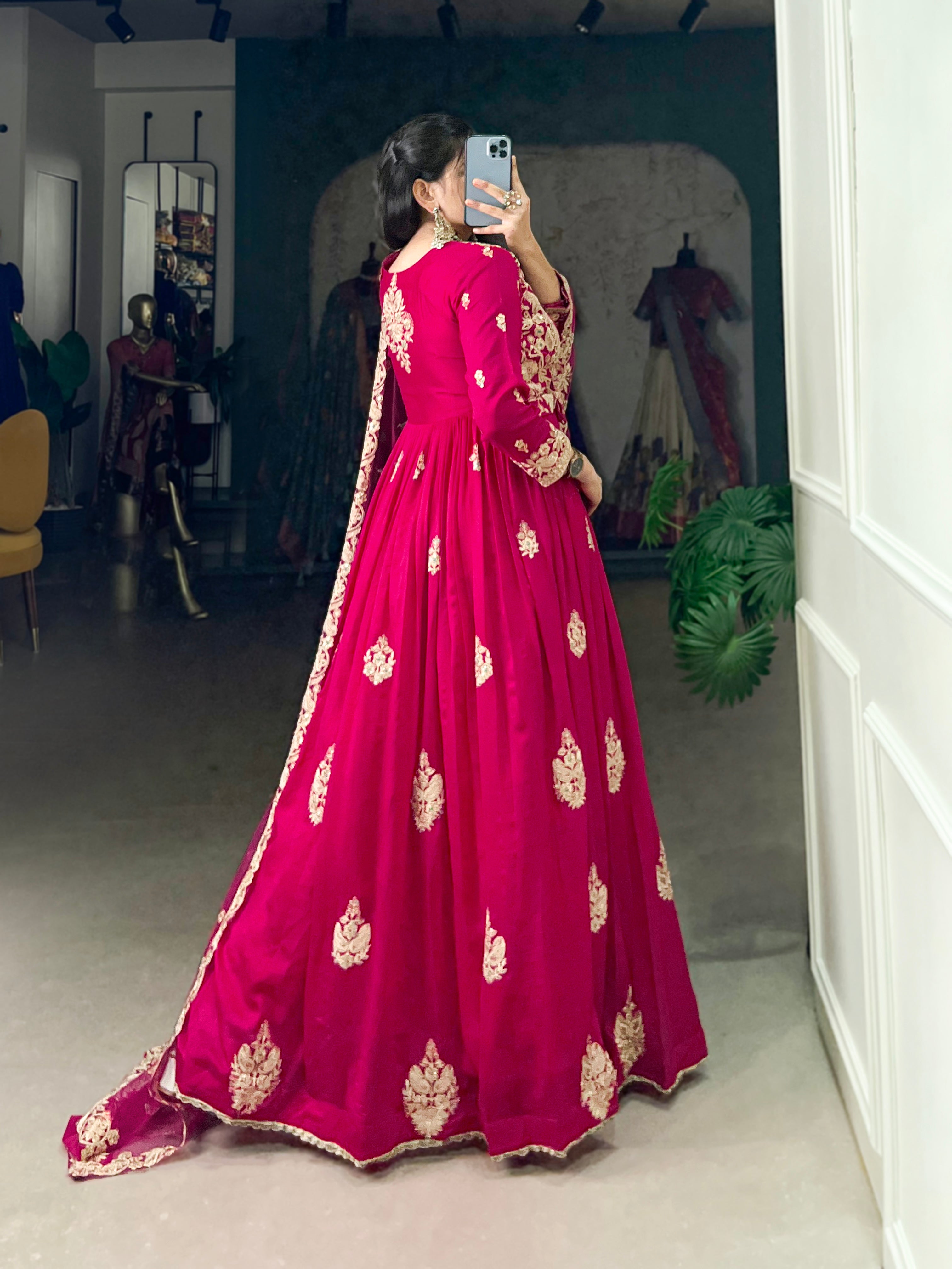 Pink Sequins Thread Embroidery Work Silk Anarkali Dress