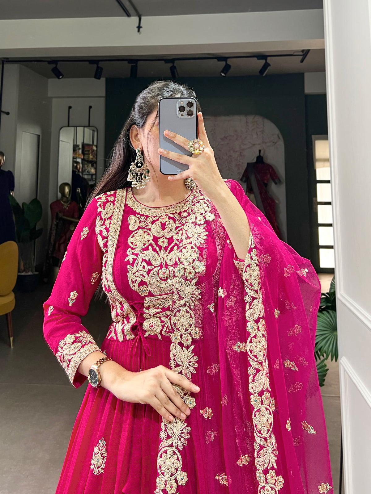 Pink Sequins Thread Embroidery Work Silk Anarkali Dress