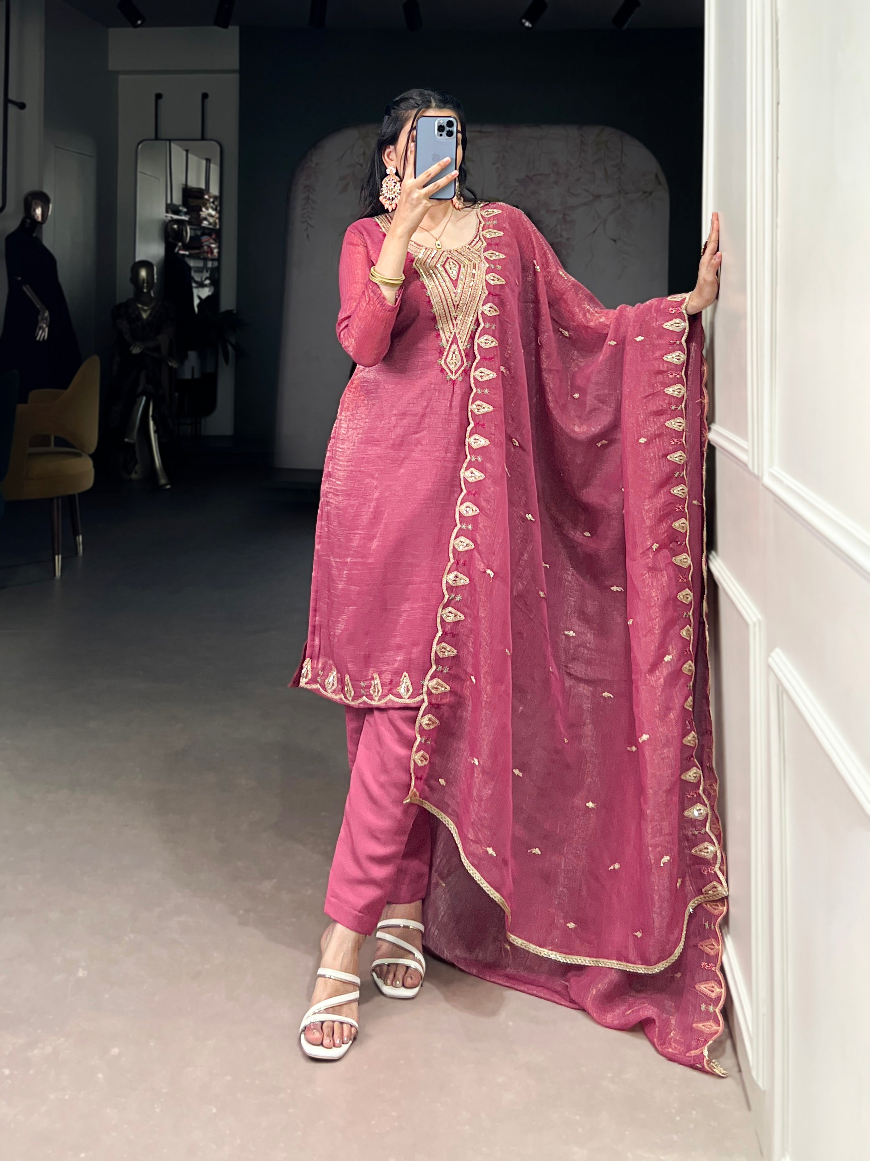 Elegant Silver Glory Embroidered Suit Set For Women