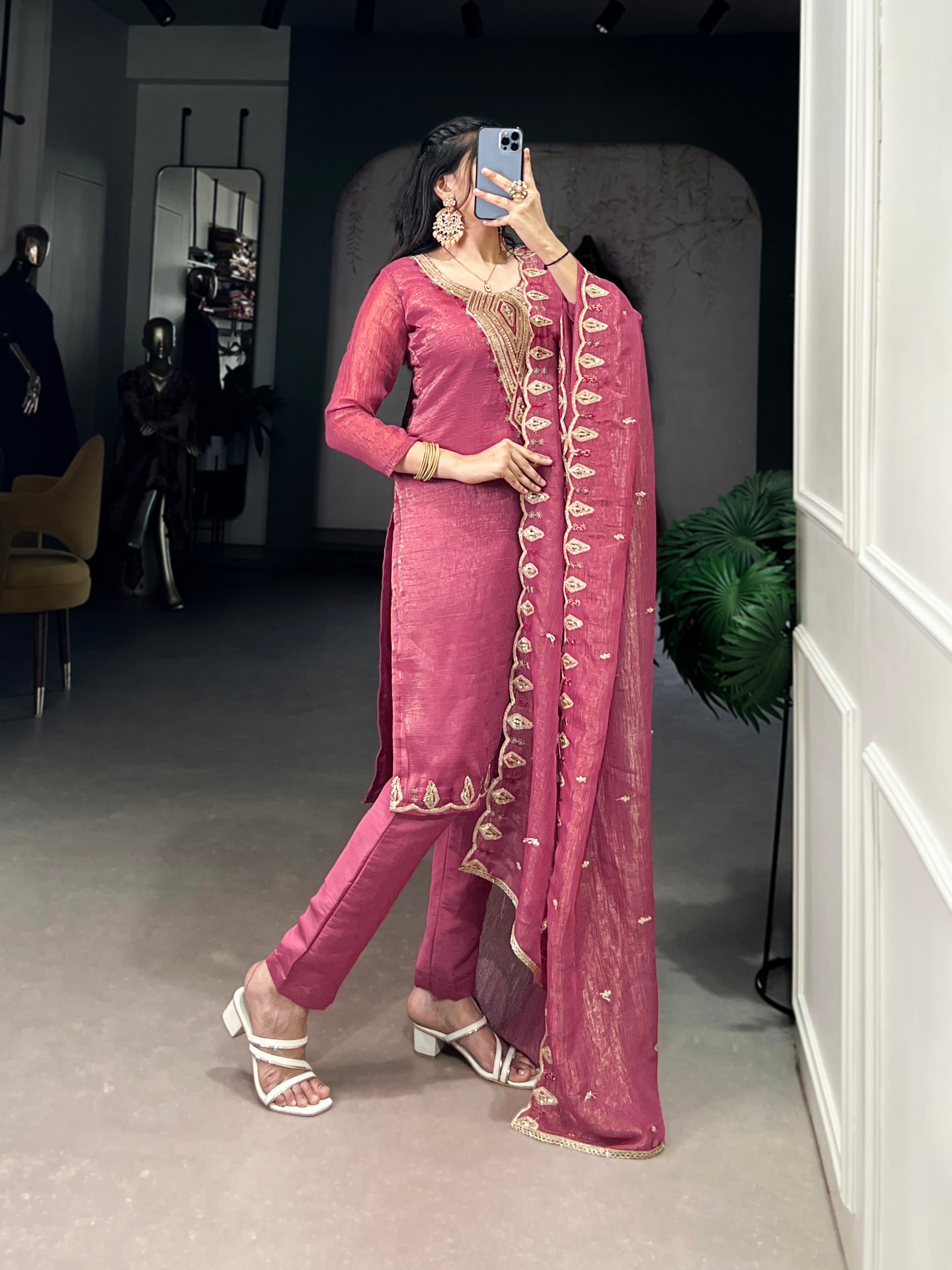 Elegant Silver Glory Embroidered Suit Set For Women