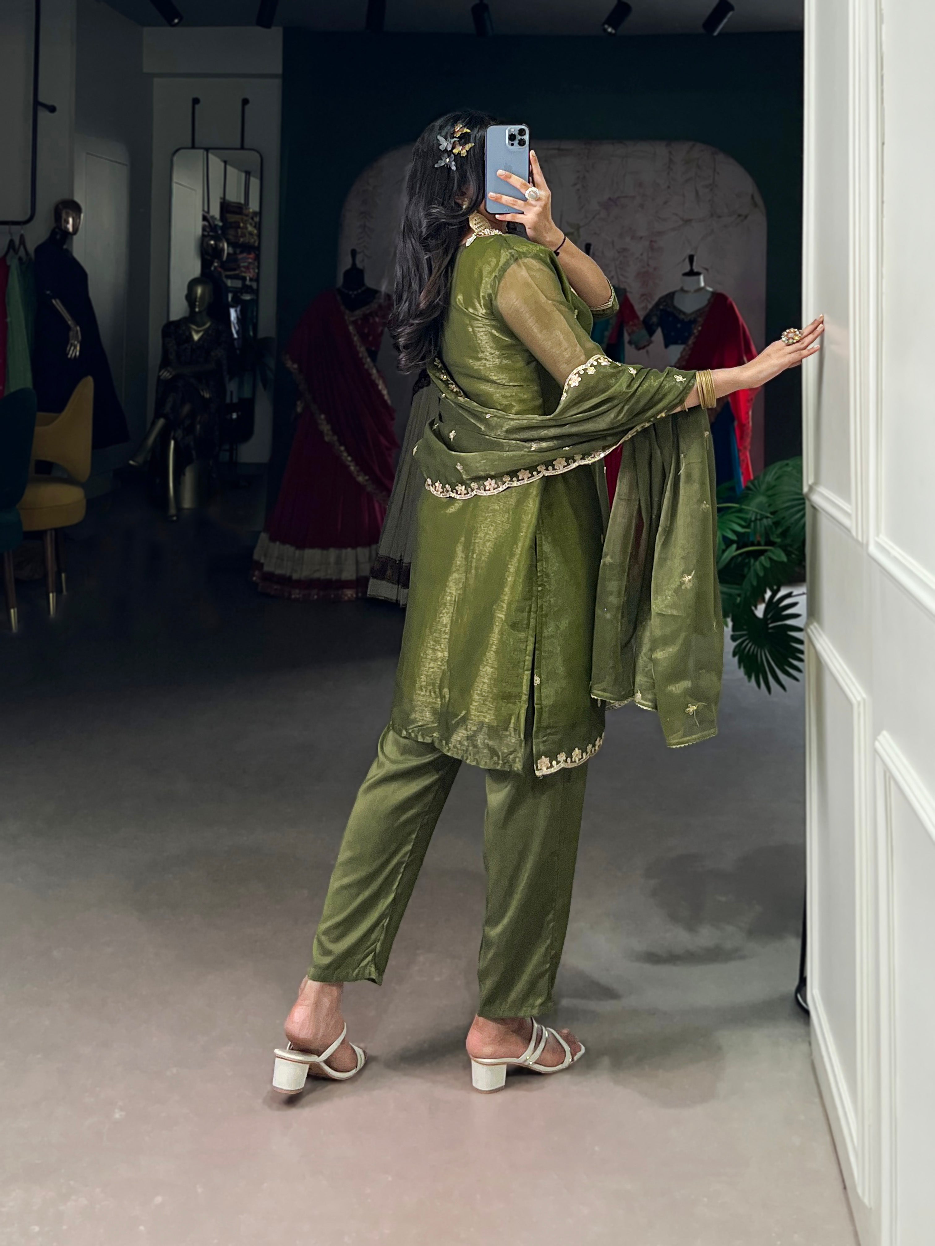 Olive Green Gold Coin Sequins Tread Embroidery Work Ethnic Dress