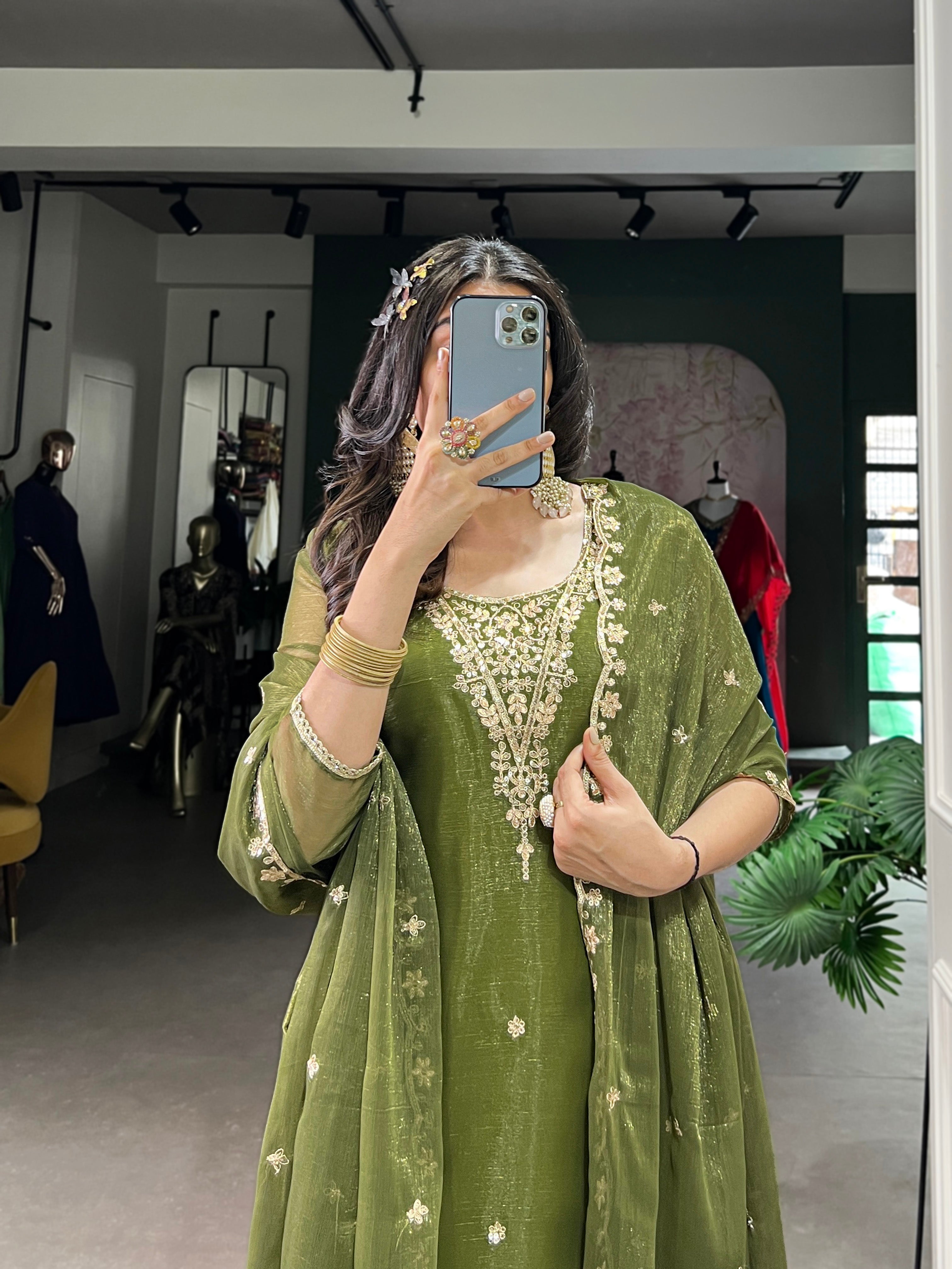 Olive Green Gold Coin Sequins Tread Embroidery Work Ethnic Dress