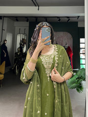 Olive Green Gold Coin Sequins Tread Embroidery Work Ethnic Dress