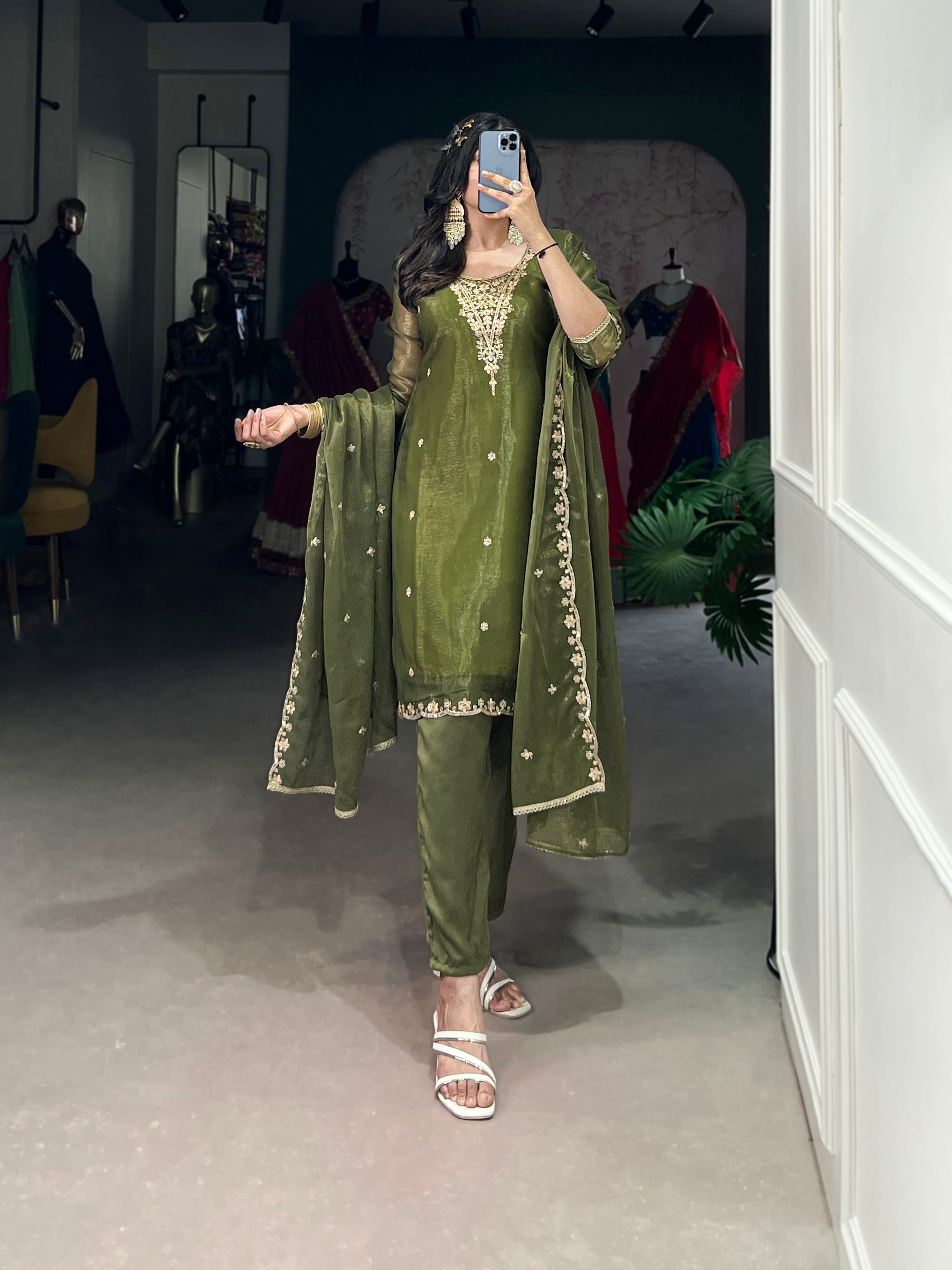 Olive Green Gold Coin Sequins Tread Embroidery Work Ethnic Dress