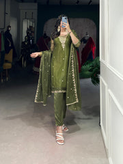 Olive Green Gold Coin Sequins Tread Embroidery Work Ethnic Dress