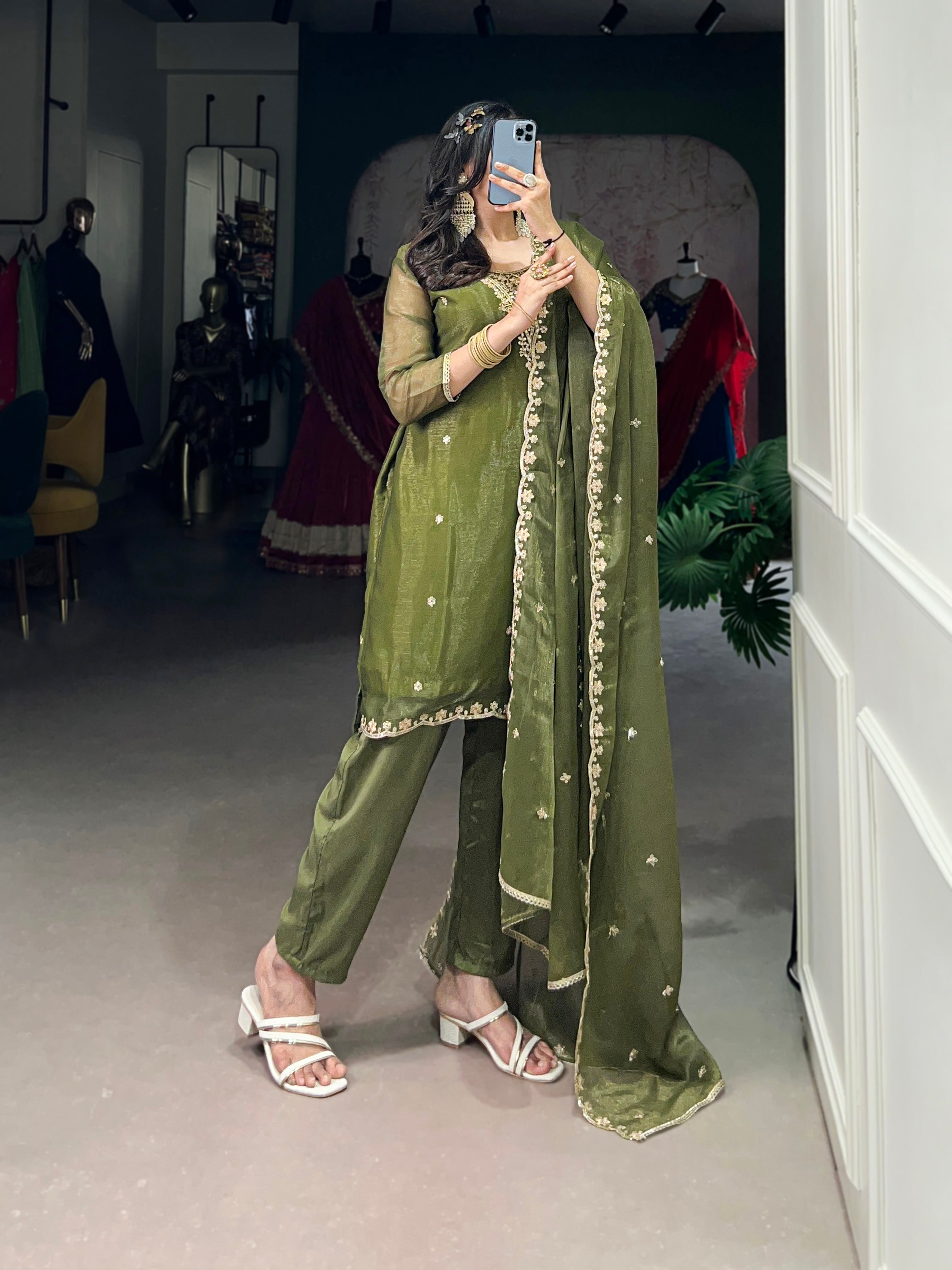 Olive Green Gold Coin Sequins Tread Embroidery Work Ethnic Dress