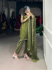 Olive Green Gold Coin Sequins Tread Embroidery Work Ethnic Dress