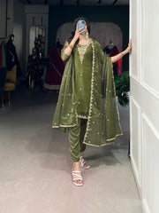 Olive Green Gold Coin Sequins Tread Embroidery Work Ethnic Dress
