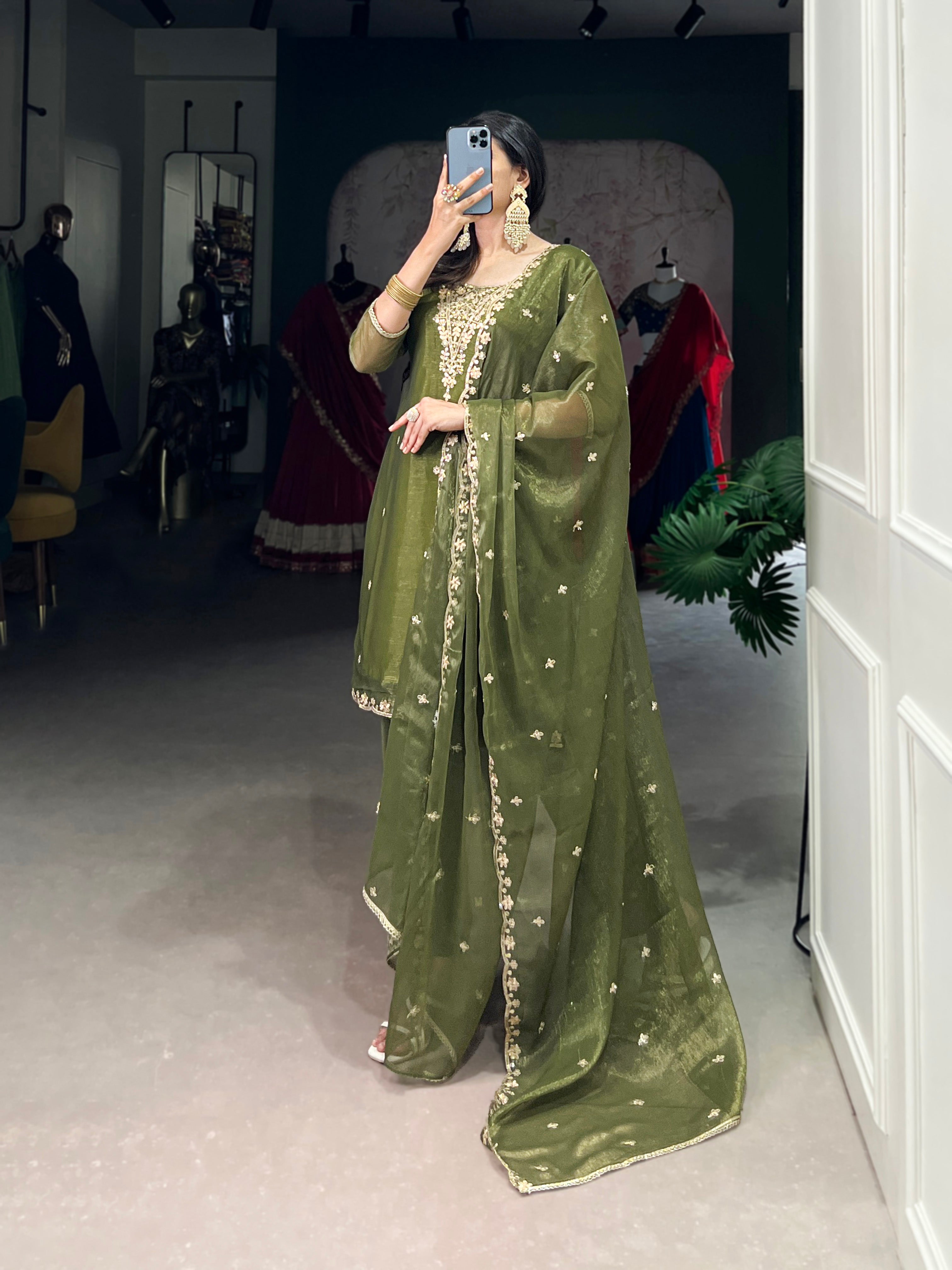 Olive Green Gold Coin Sequins Tread Embroidery Work Ethnic Dress