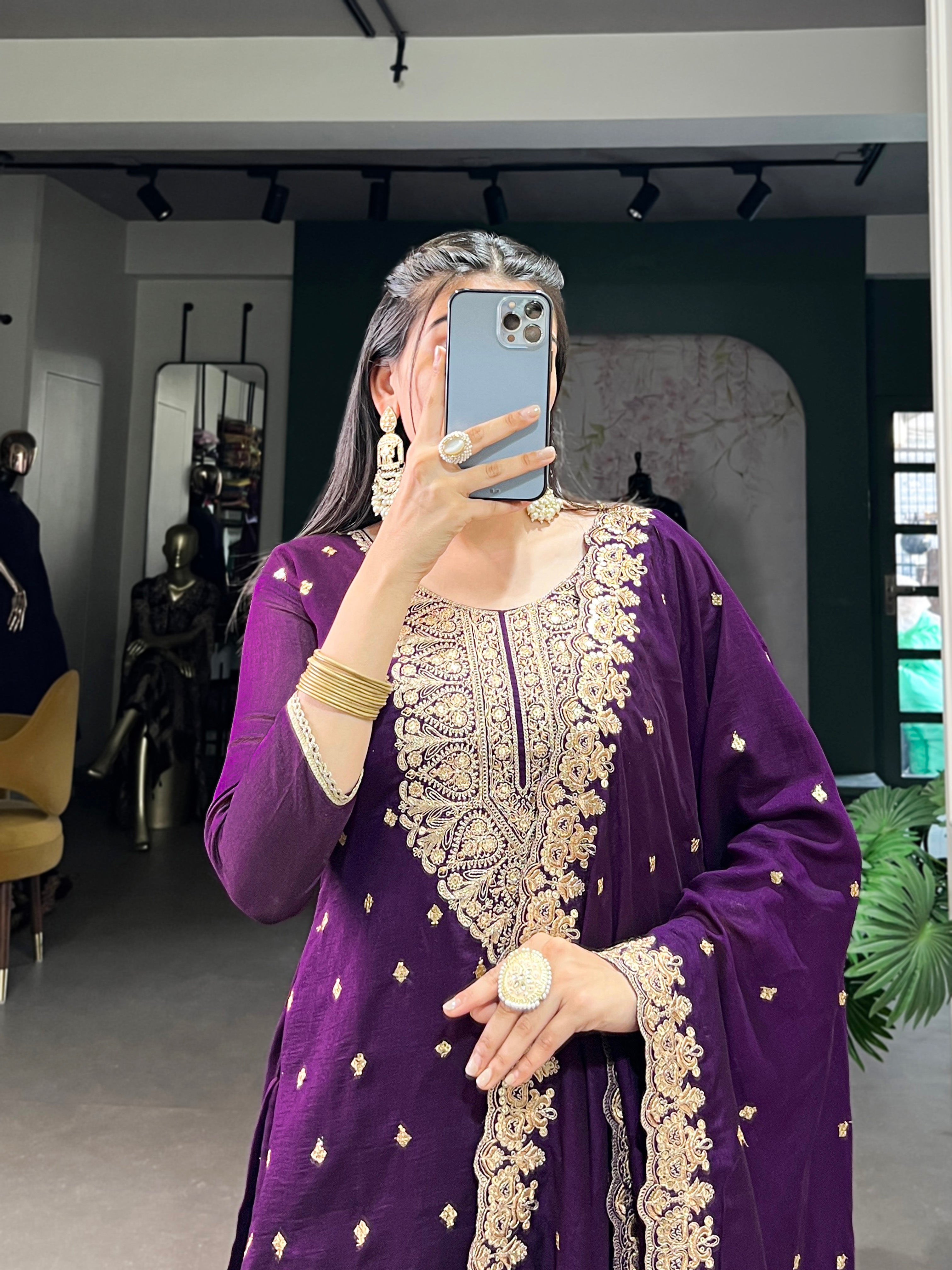 Women's Vichitra Silk Embroidered Kurta With Dupatta & Bottom