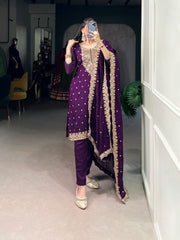 Women's Vichitra Silk Embroidered Kurta With Dupatta & Bottom