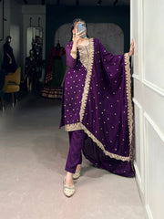 Women's Vichitra Silk Embroidered Kurta With Dupatta & Bottom