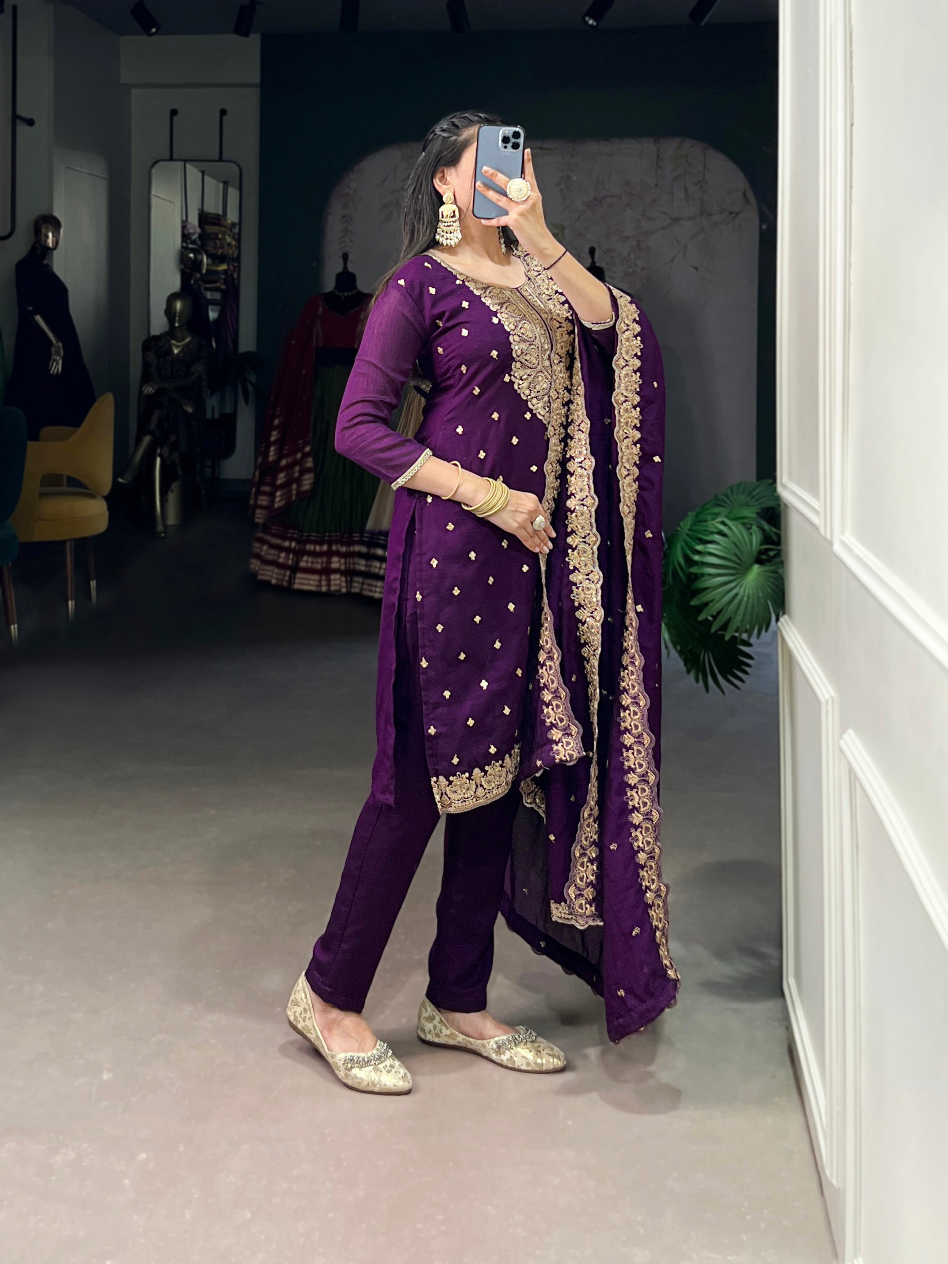 Women's Vichitra Silk Embroidered Kurta With Dupatta & Bottom