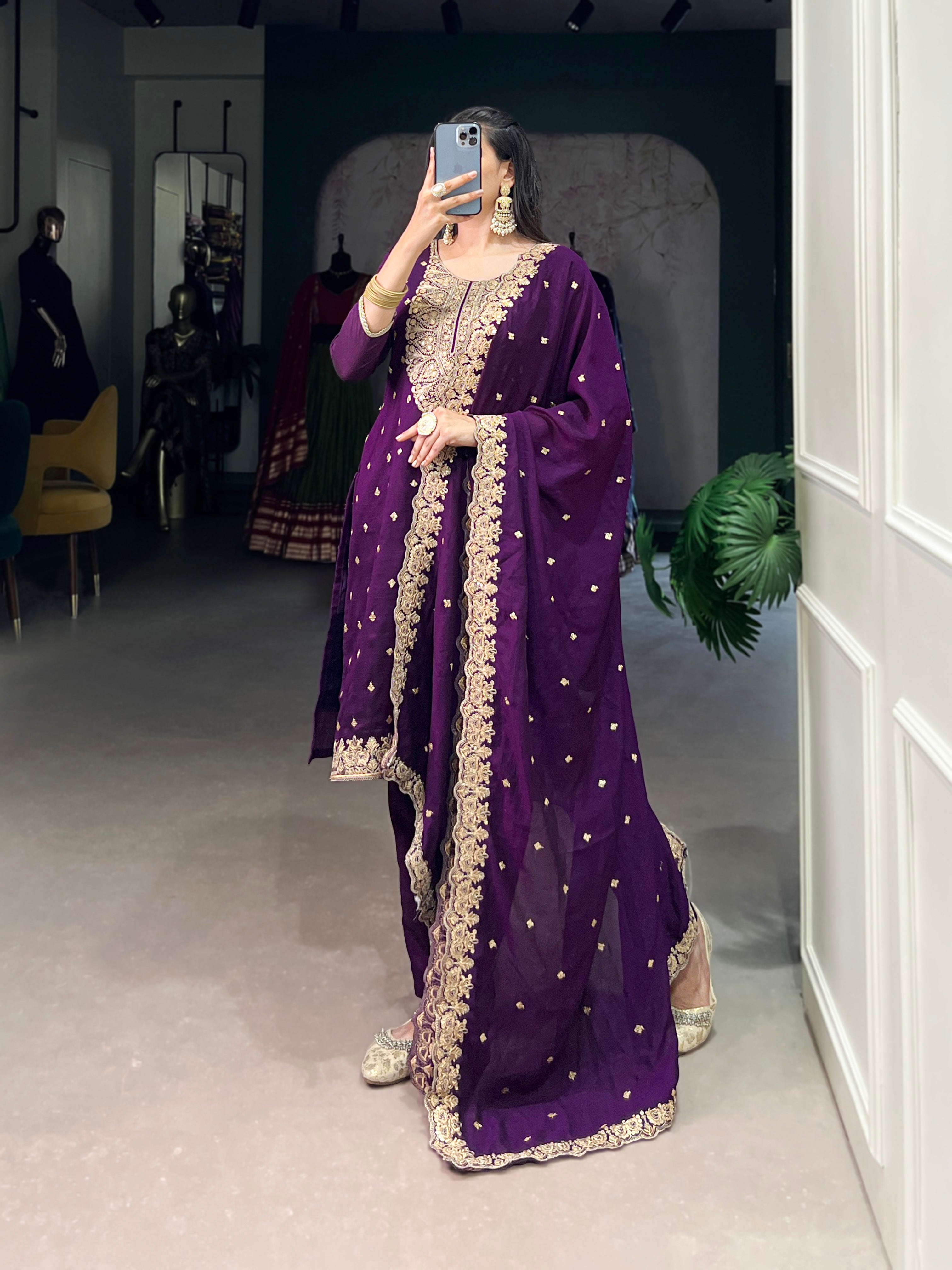 Women's Vichitra Silk Embroidered Kurta With Dupatta & Bottom