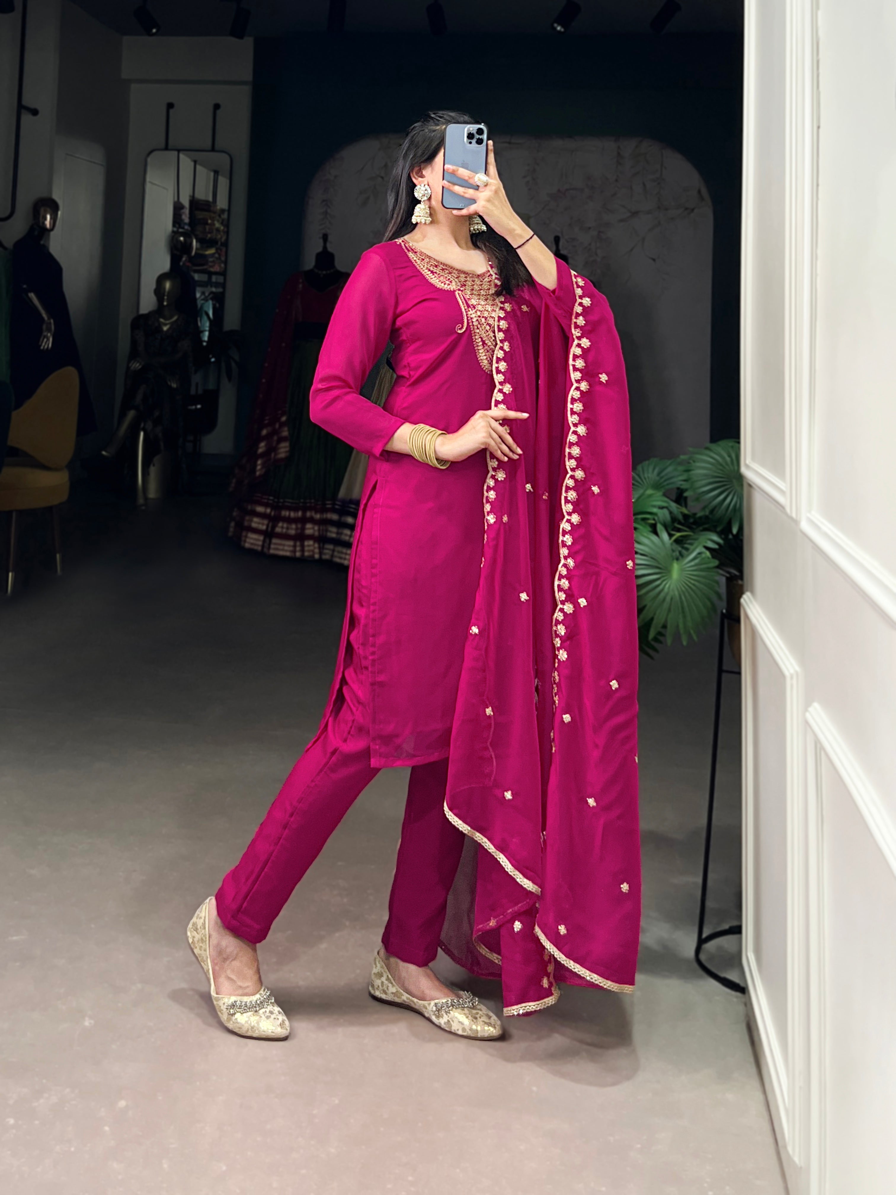 Sequins Embroidered Organza Suit Set For Women