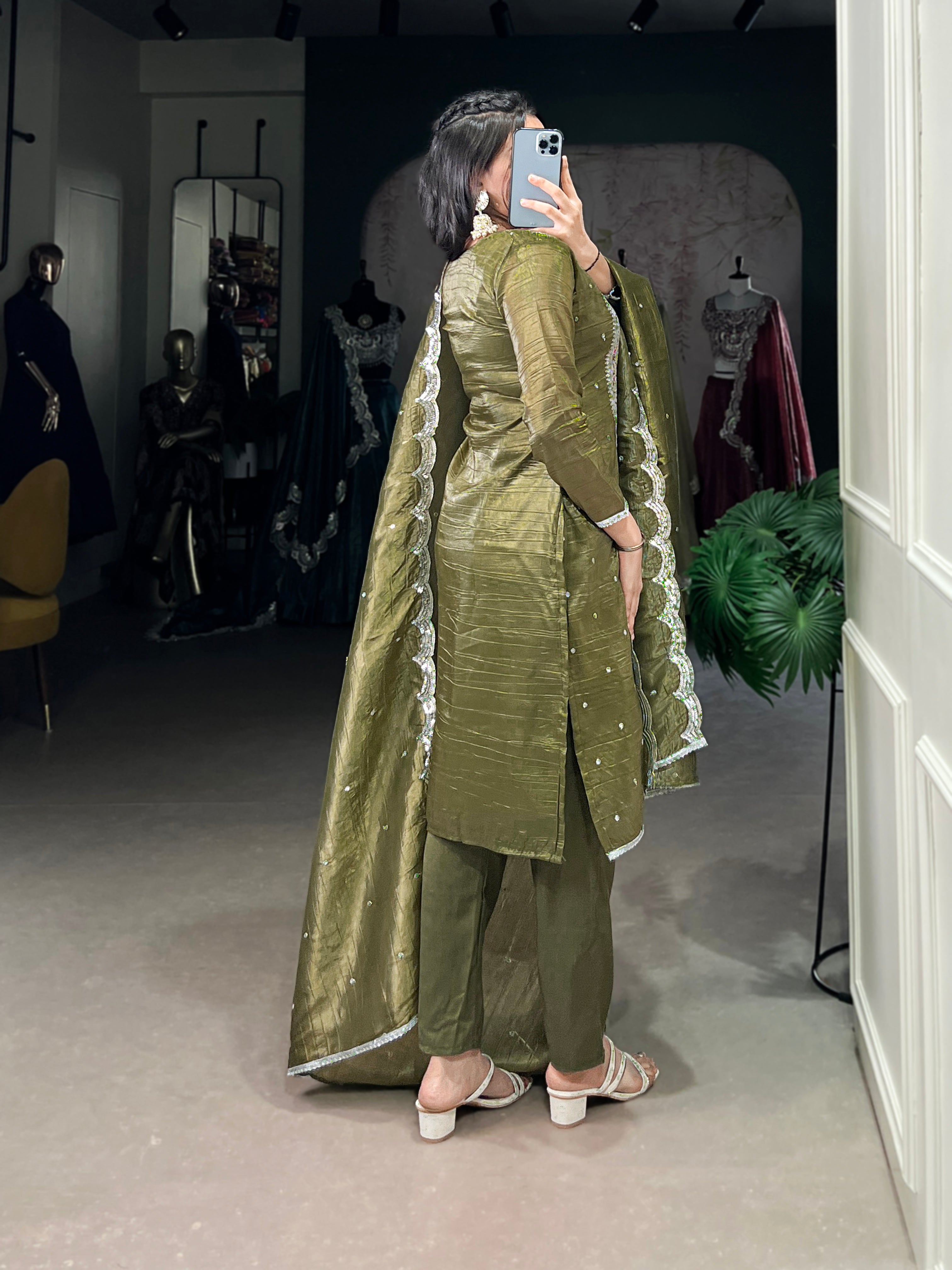 Olive Green Color Sequins And Thread Embroidery Work Gold Crush Dress