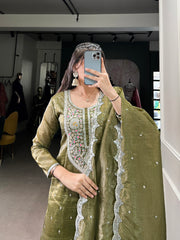 Olive Green Color Sequins And Thread Embroidery Work Gold Crush Dress