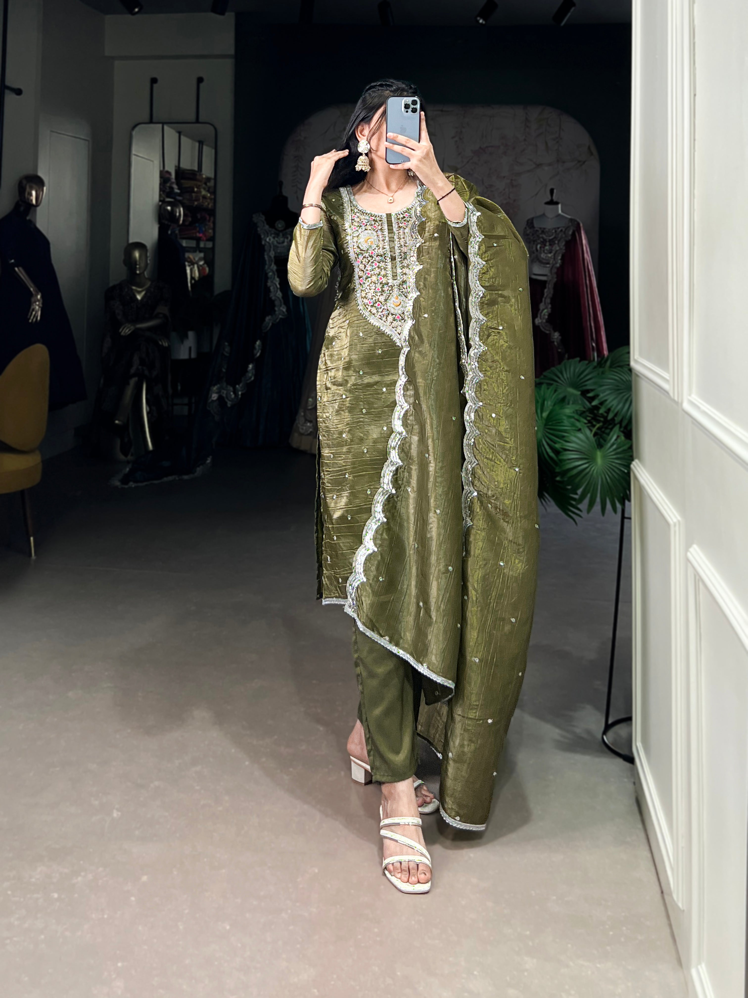 Olive Green Color Sequins And Thread Embroidery Work Gold Crush Dress