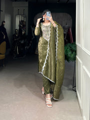 Olive Green Color Sequins And Thread Embroidery Work Gold Crush Dress