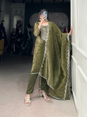 Olive Green Color Sequins And Thread Embroidery Work Gold Crush Dress