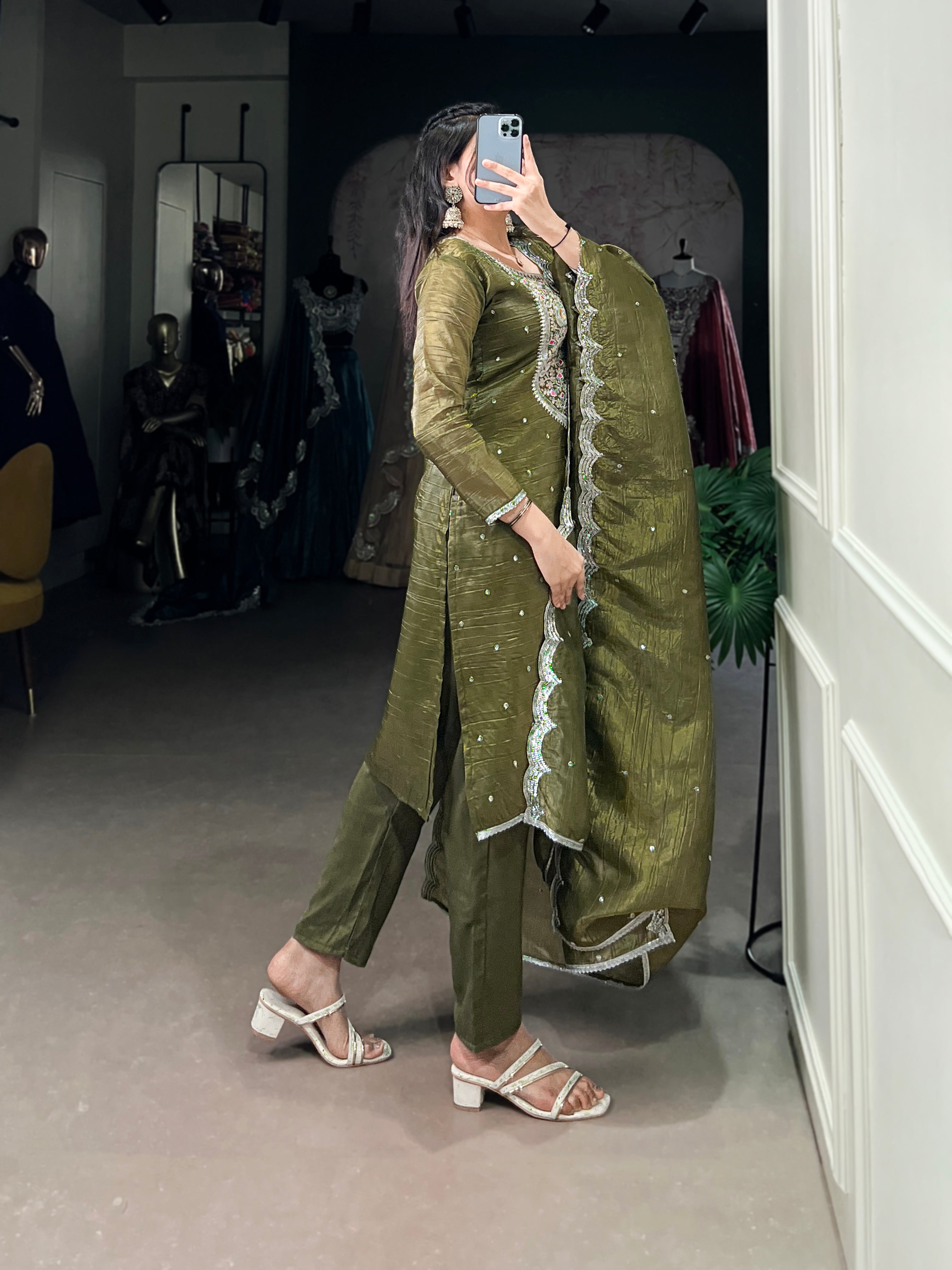 Olive Green Color Sequins And Thread Embroidery Work Gold Crush Dress