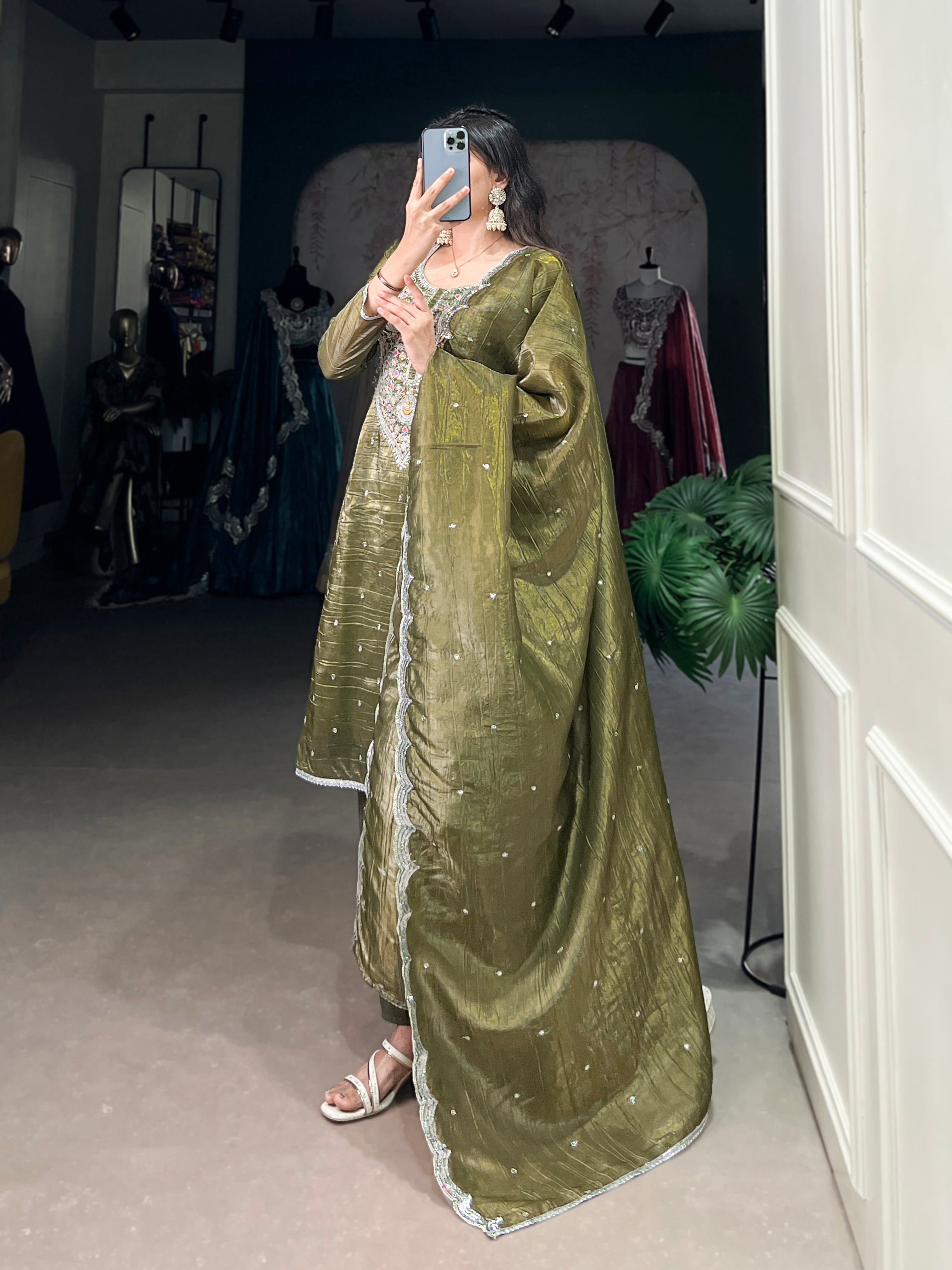 Olive Green Color Sequins And Thread Embroidery Work Gold Crush Dress
