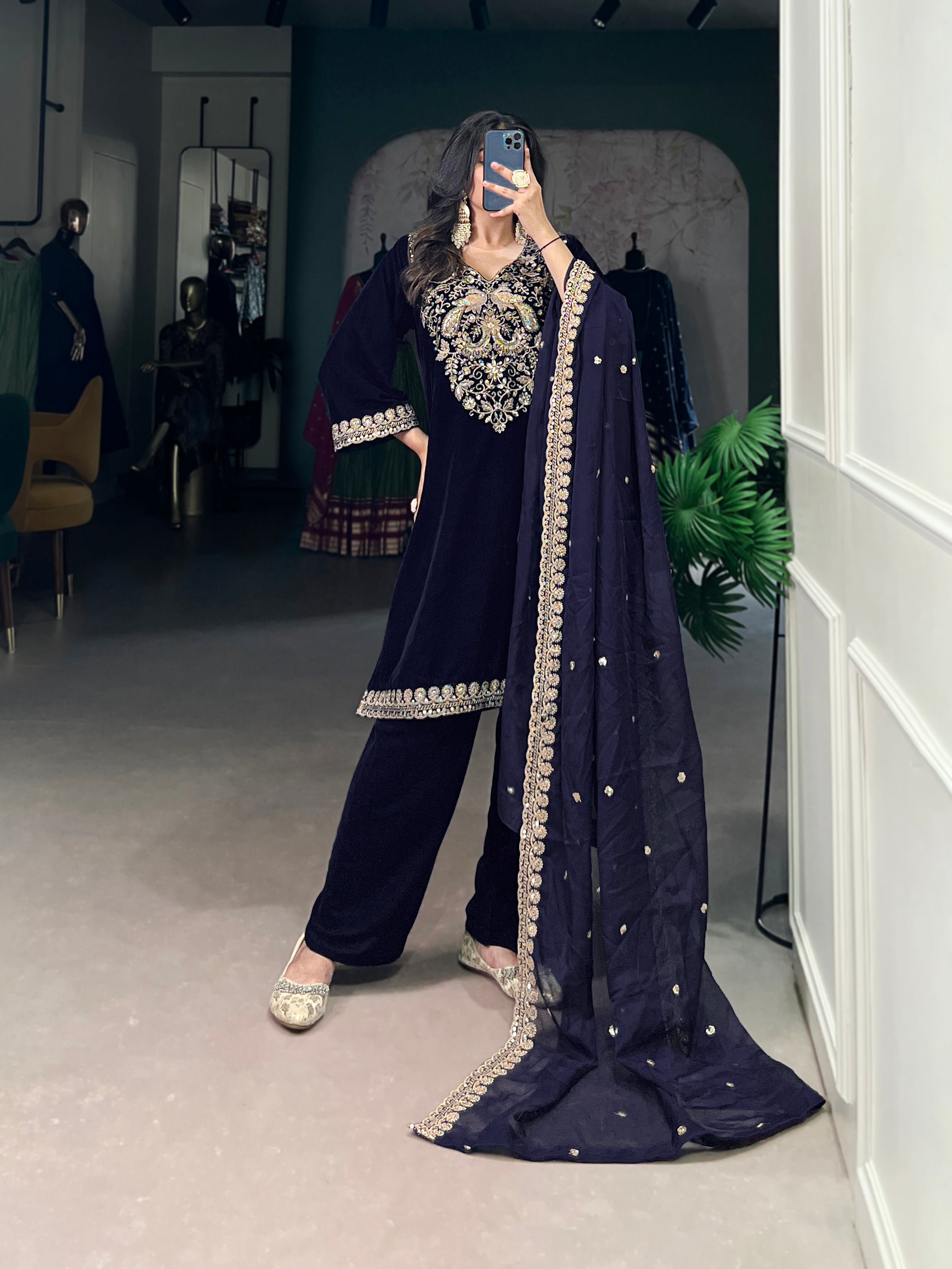 Navy Blue Color Sequins And Thread Embroidery Work Velvet Salwar Suit