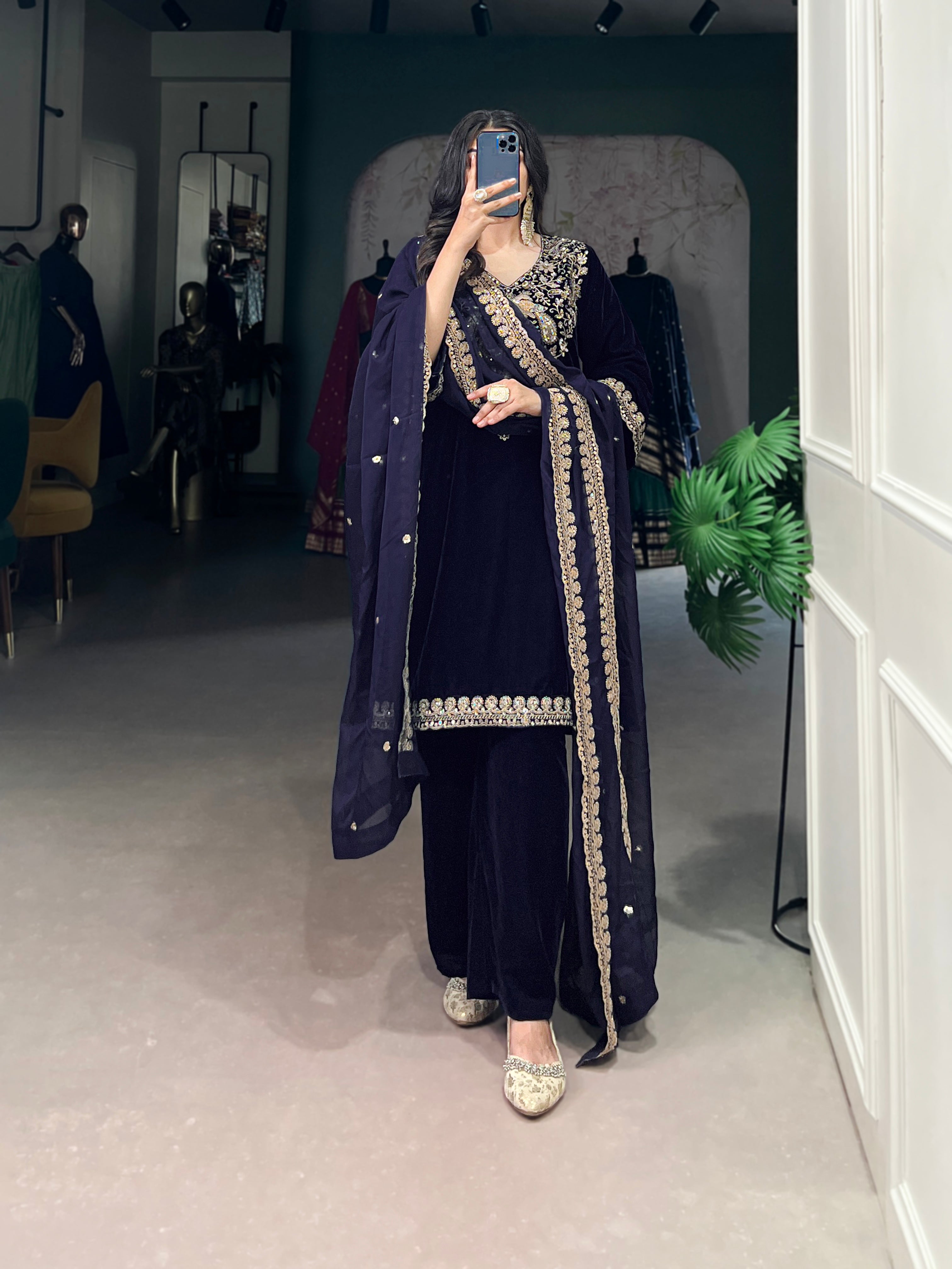 Navy Blue Color Sequins And Thread Embroidery Work Velvet Salwar Suit