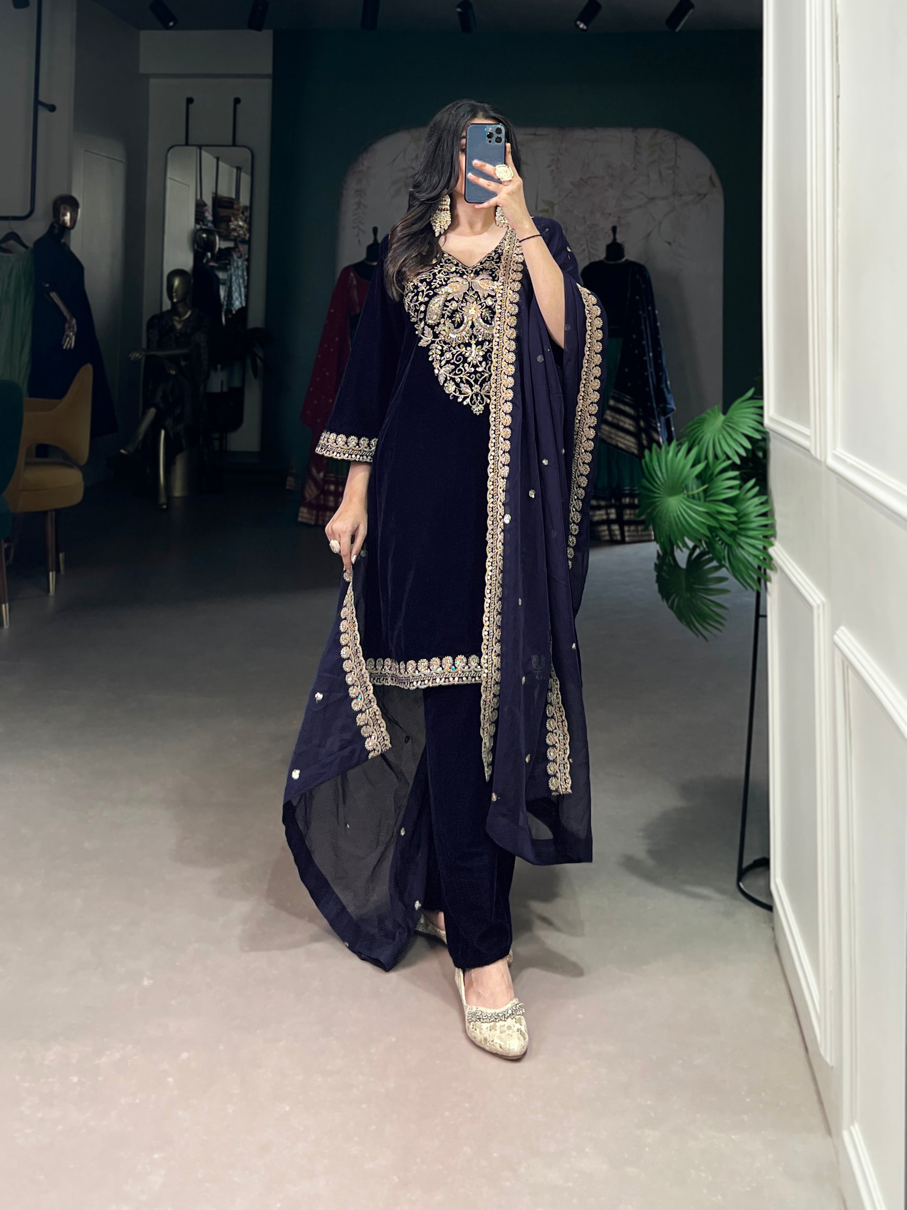 Navy Blue Color Sequins And Thread Embroidery Work Velvet Salwar Suit