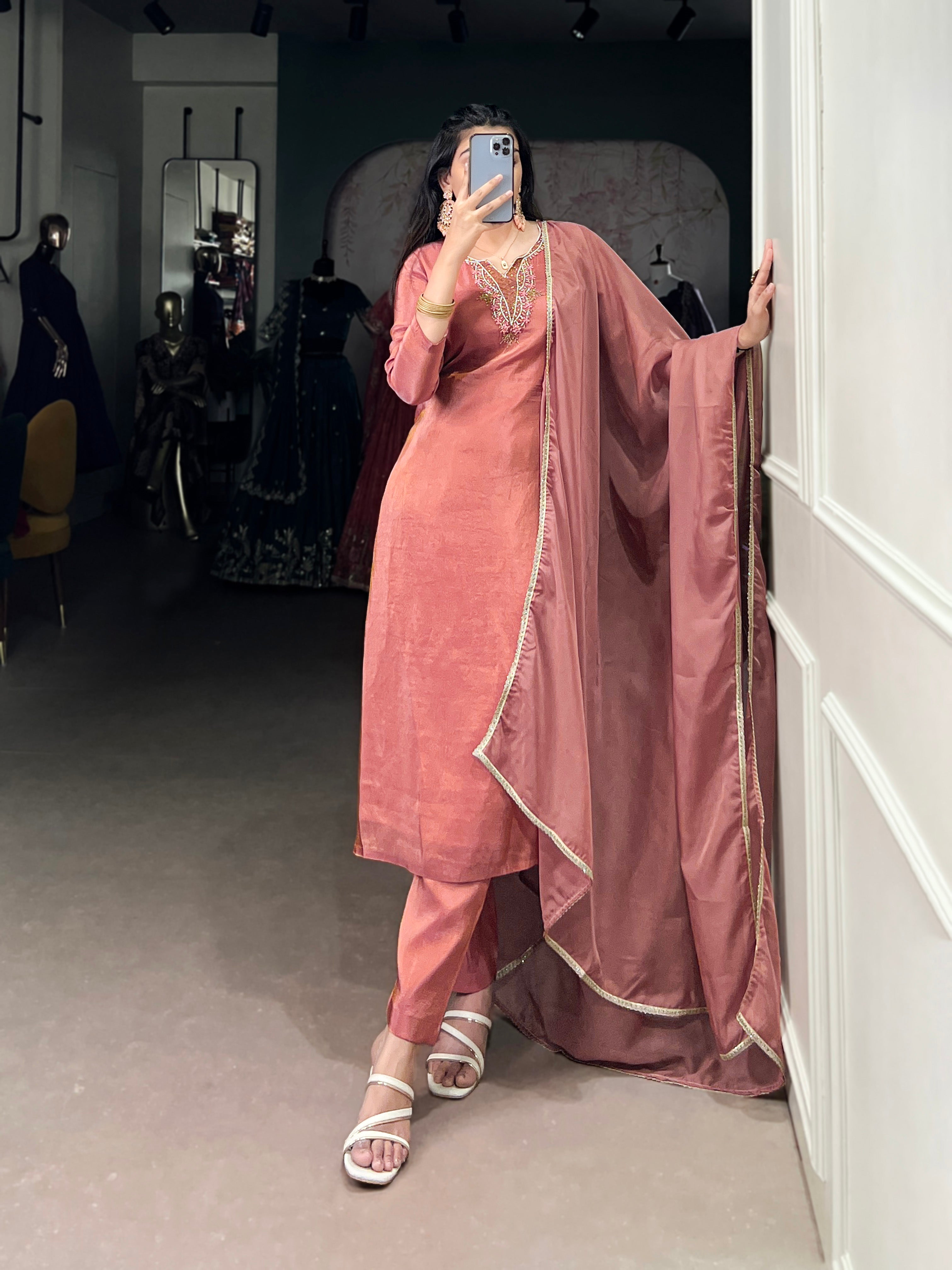 Peach Color Beets Handwork With Lace Touch Up Viscose Tissue Salwar Suit