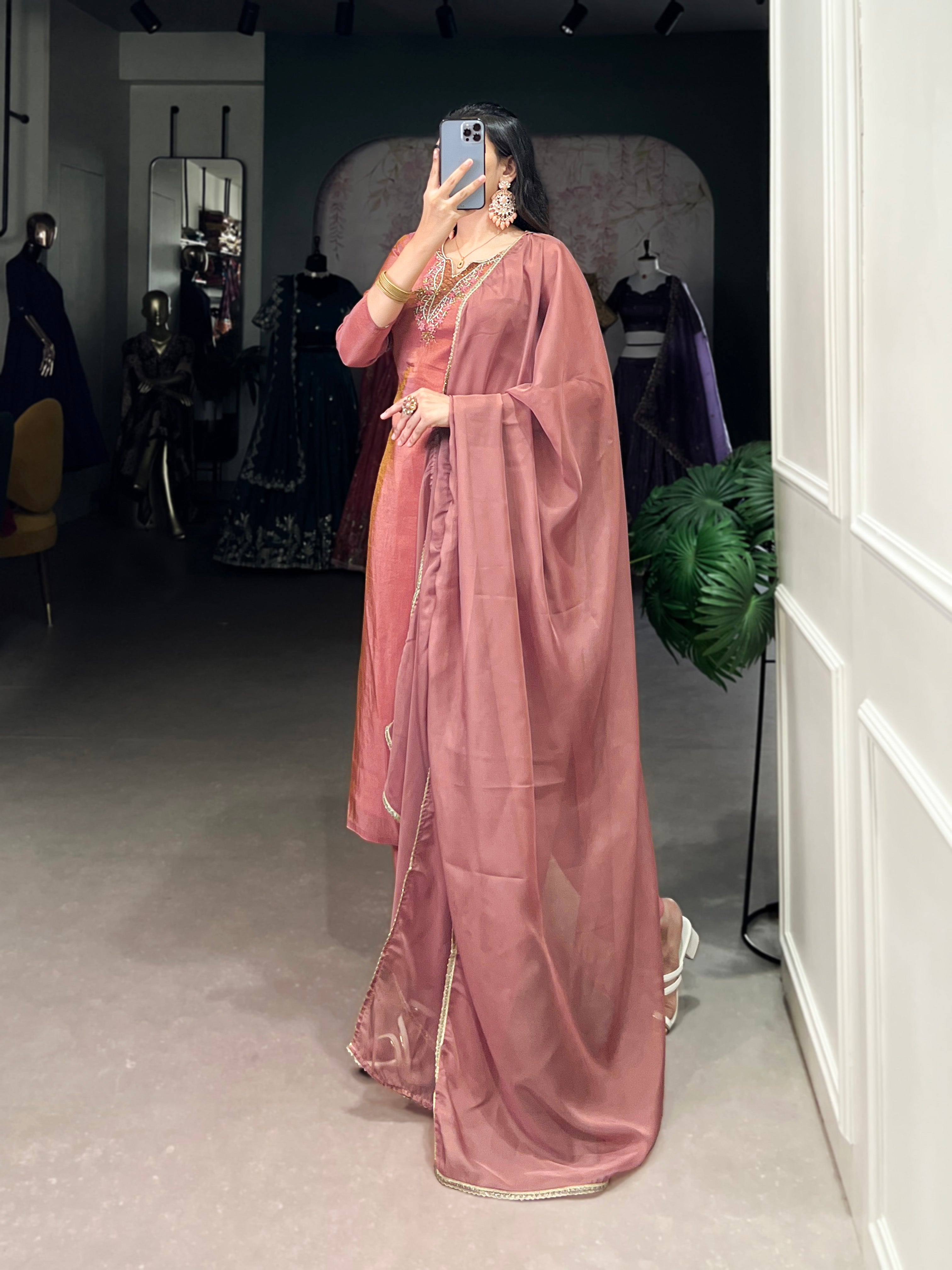 Peach Color Beets Handwork With Lace Touch Up Viscose Tissue Salwar Suit