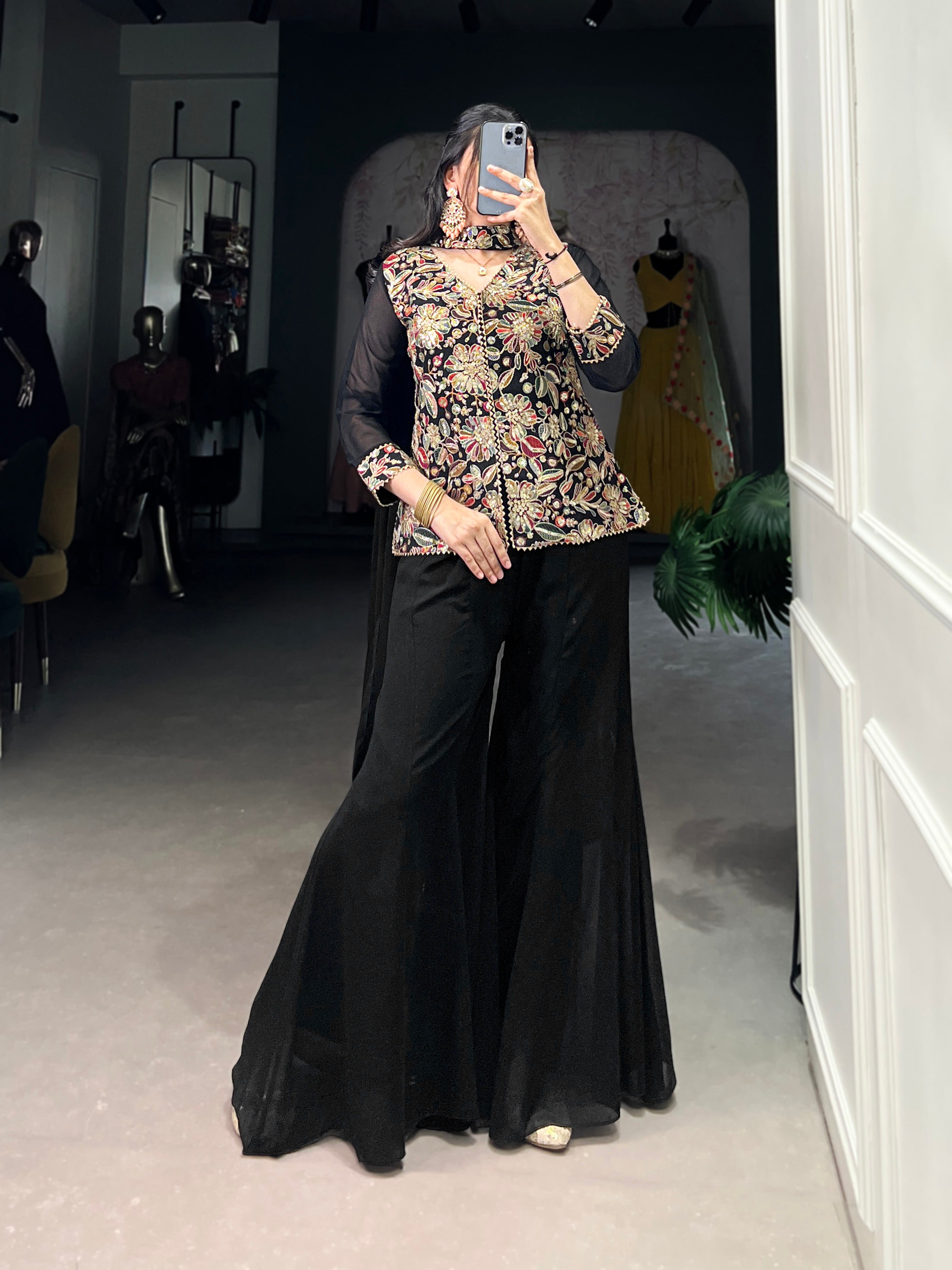 Black Georgette Sequins Thread Embroidery Work Designer Suit Set