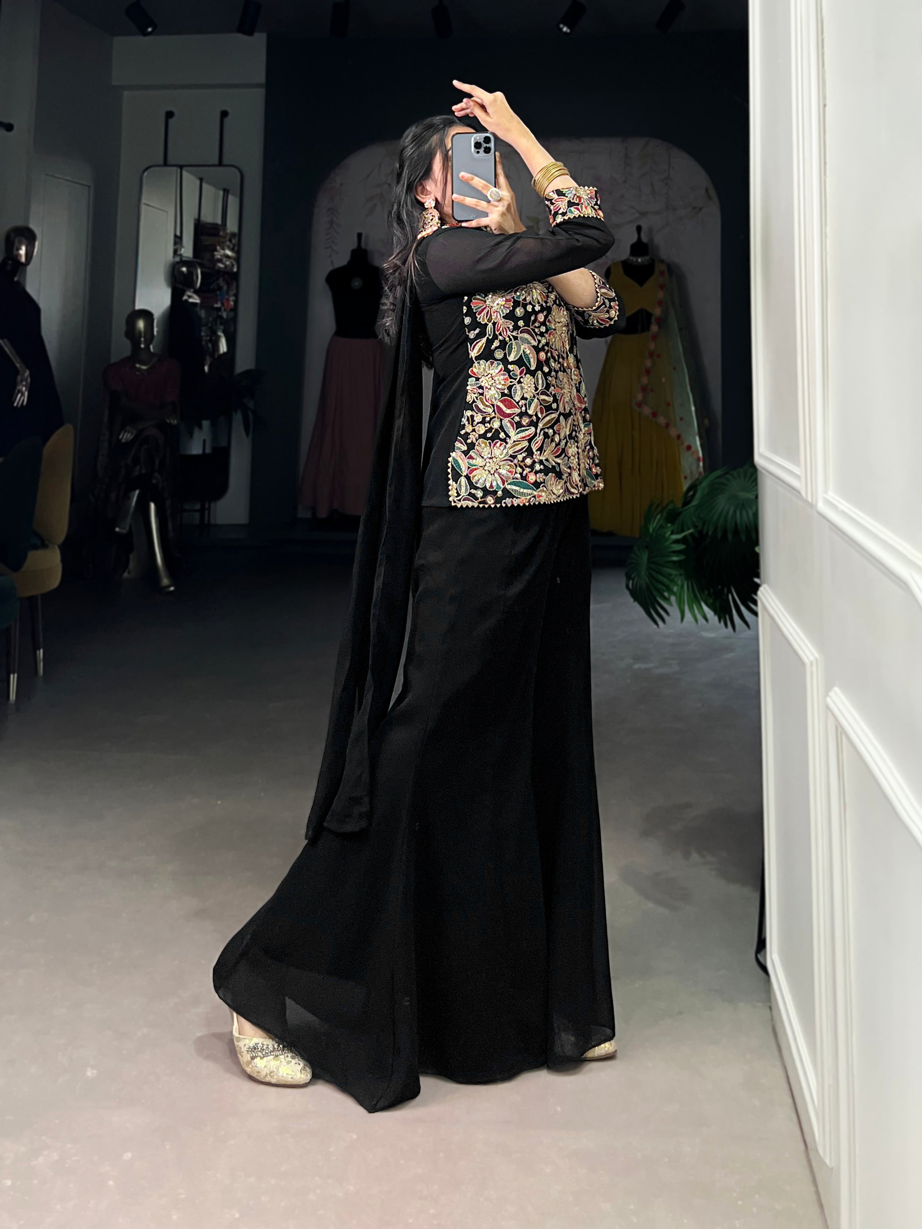 Black Georgette Sequins Thread Embroidery Work Designer Suit Set