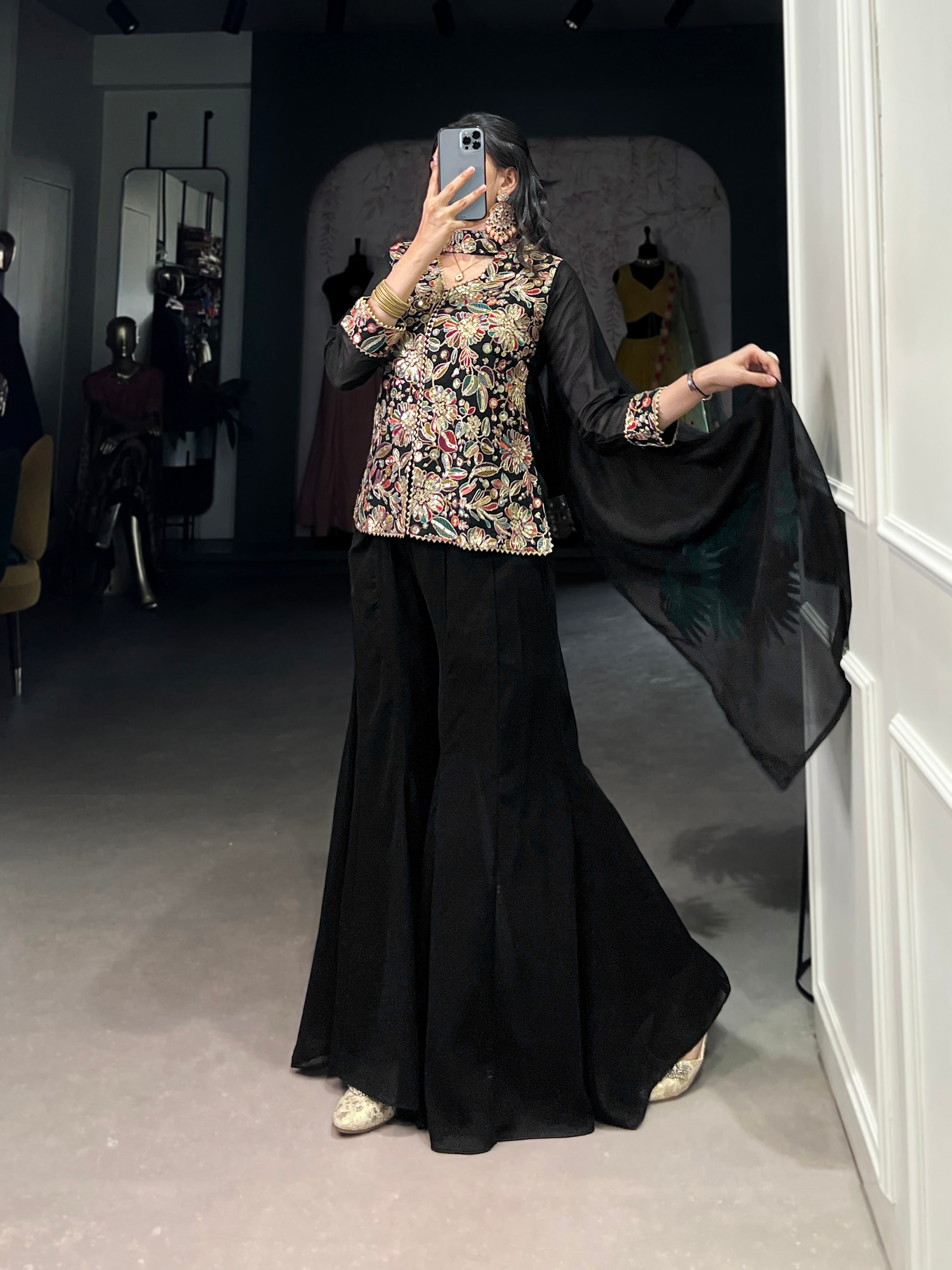 Black Georgette Sequins Thread Embroidery Work Designer Suit Set