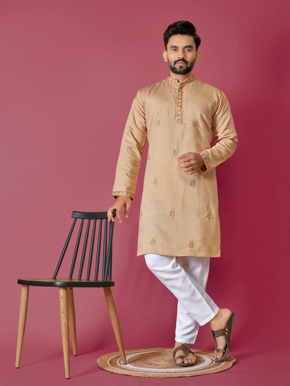 Peach Color Men's Kurta Pajama Set In Roman Silk With Val Moti Hand Work