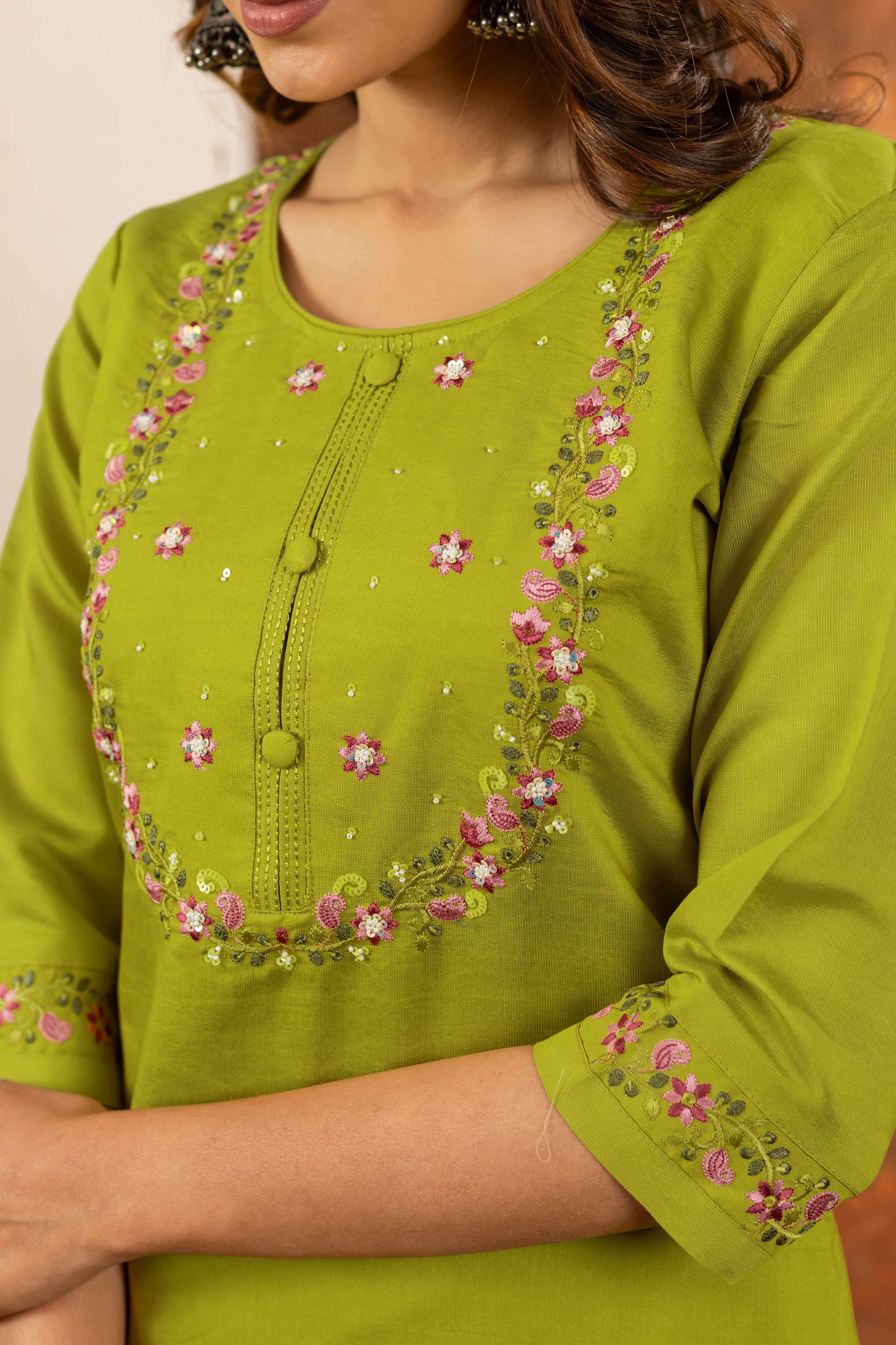 LIME GREEN FESTIVE KURTA SET WITH EMBROIDERED NECKLINE AND PRINTED DUPATTA