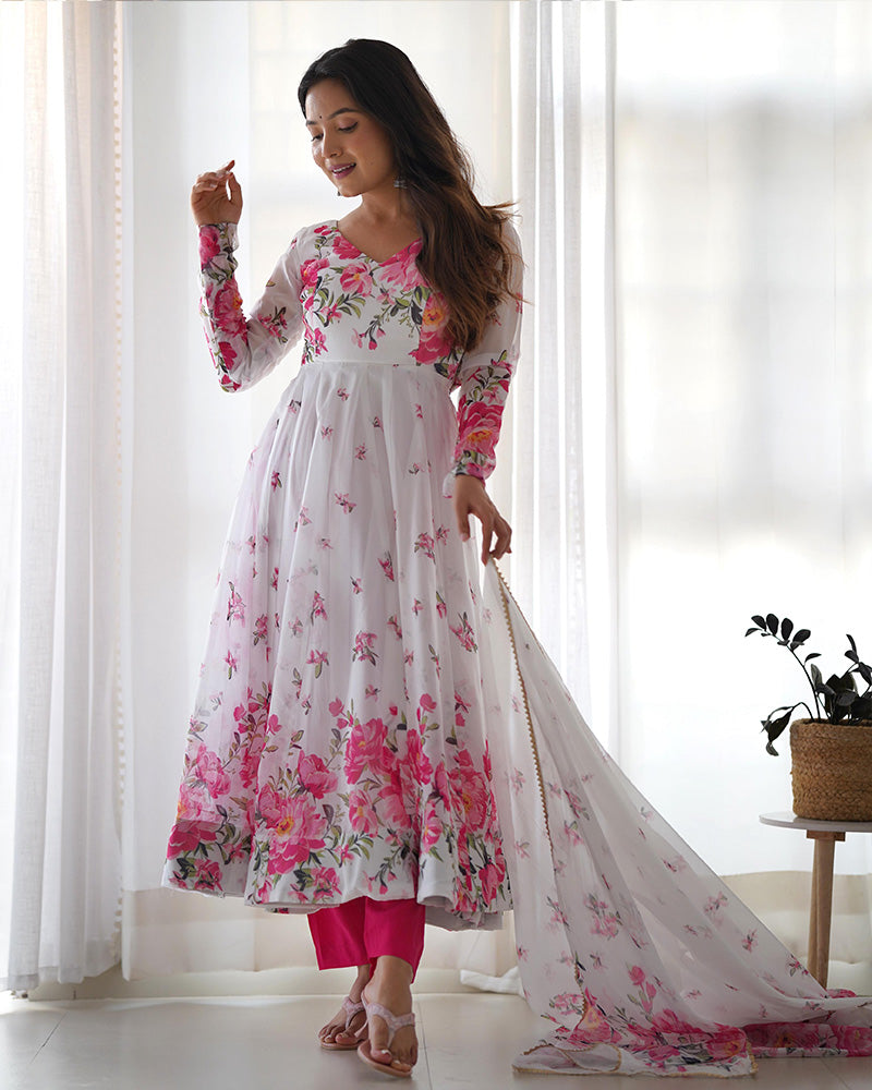 Beautiful White Floral Printed Organza Festival Wear Anarkali Suit