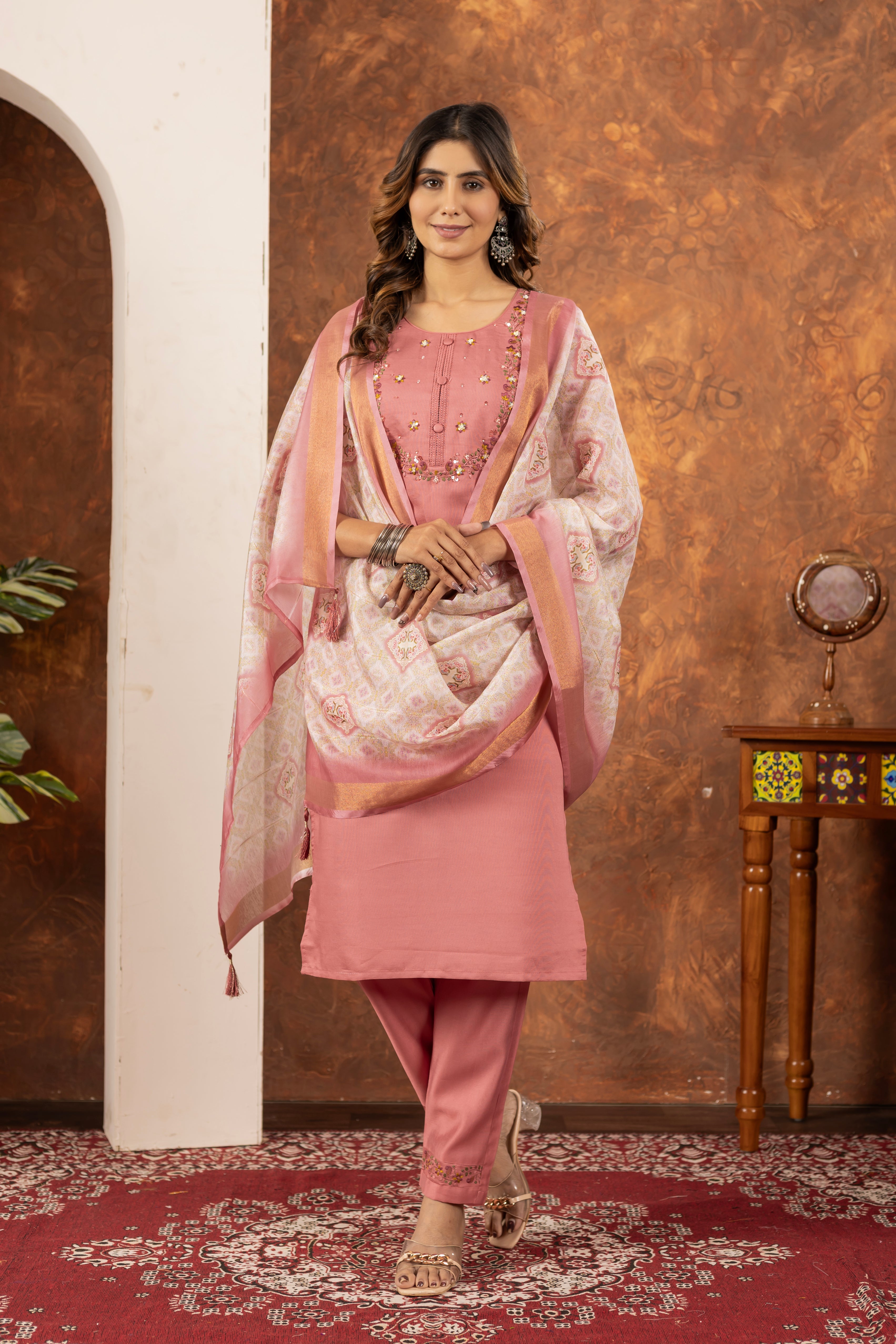 ELEGANT PEACH EMBROIDERED FESTIVAL SUIT SET WITH PRINTED DUPATTA
