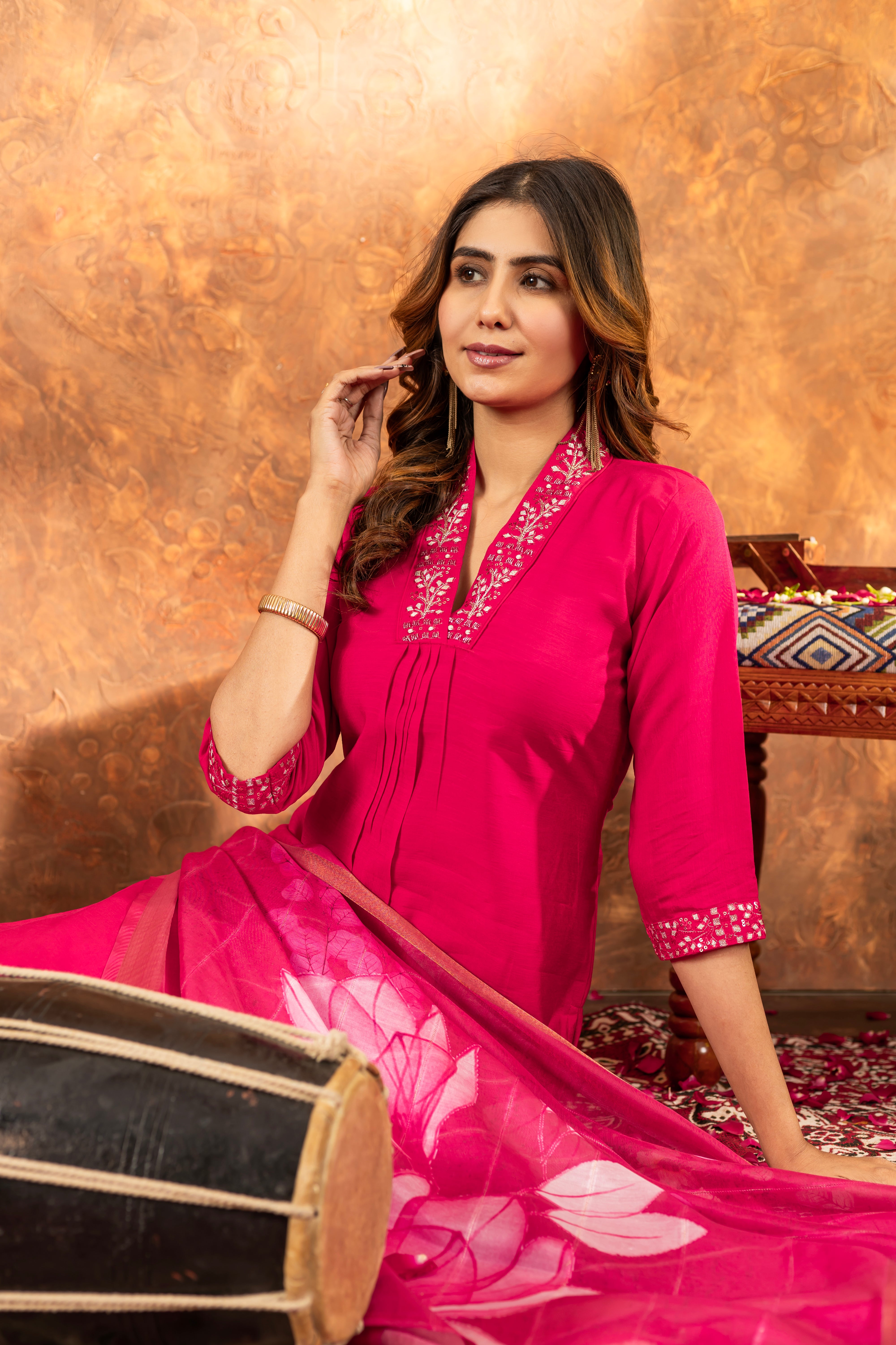 FABULOUS RANI PINK EMBROIDERED KURTA PANT SET WITH FLORAL DUPATTA
