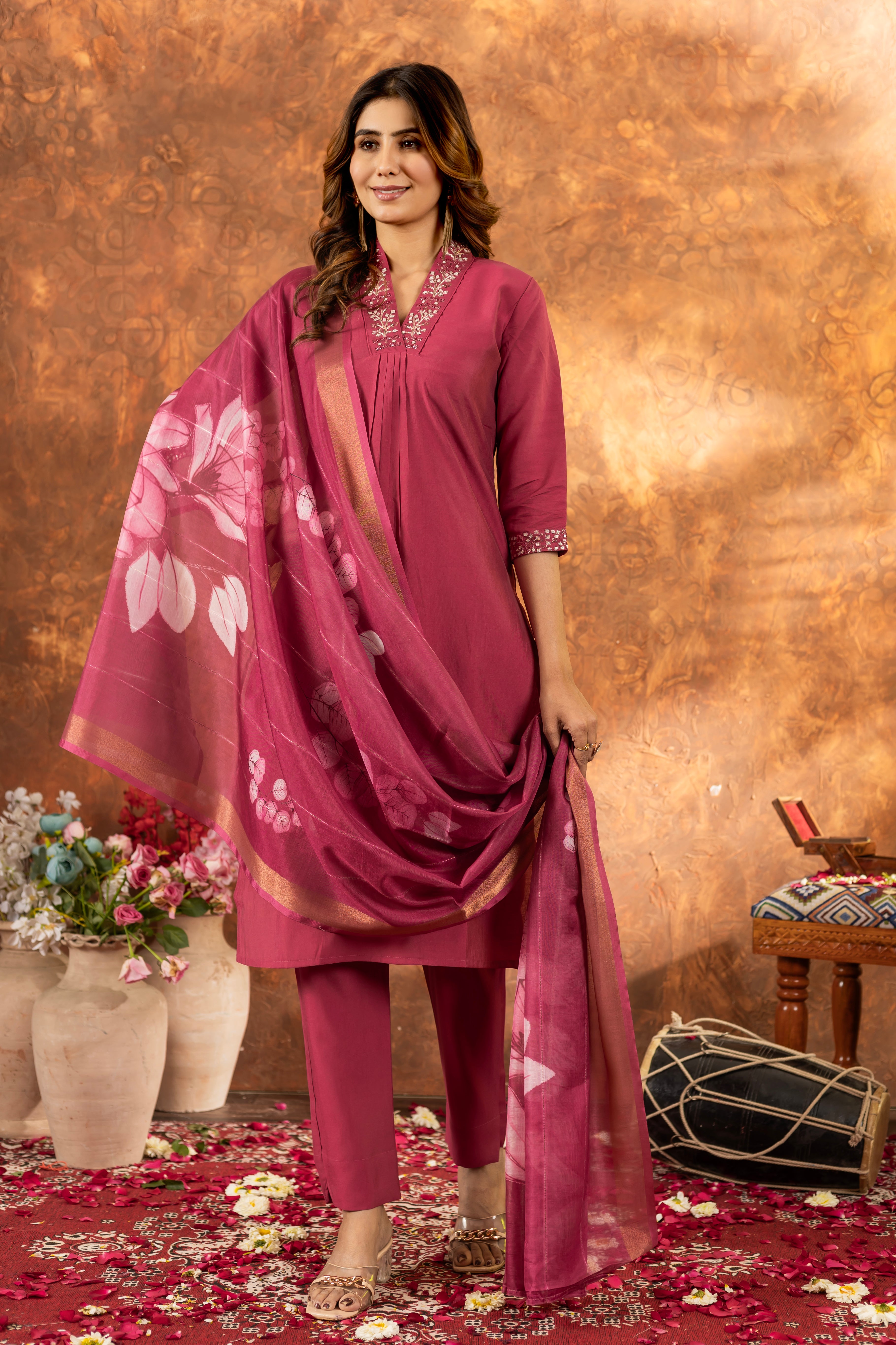 PRECIOUS BLUSH PINK EMBROIDERED KURTA PANT SET WITH FLORAL DUPATTA