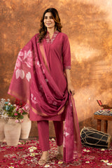 PRECIOUS BLUSH PINK EMBROIDERED KURTA PANT SET WITH FLORAL DUPATTA