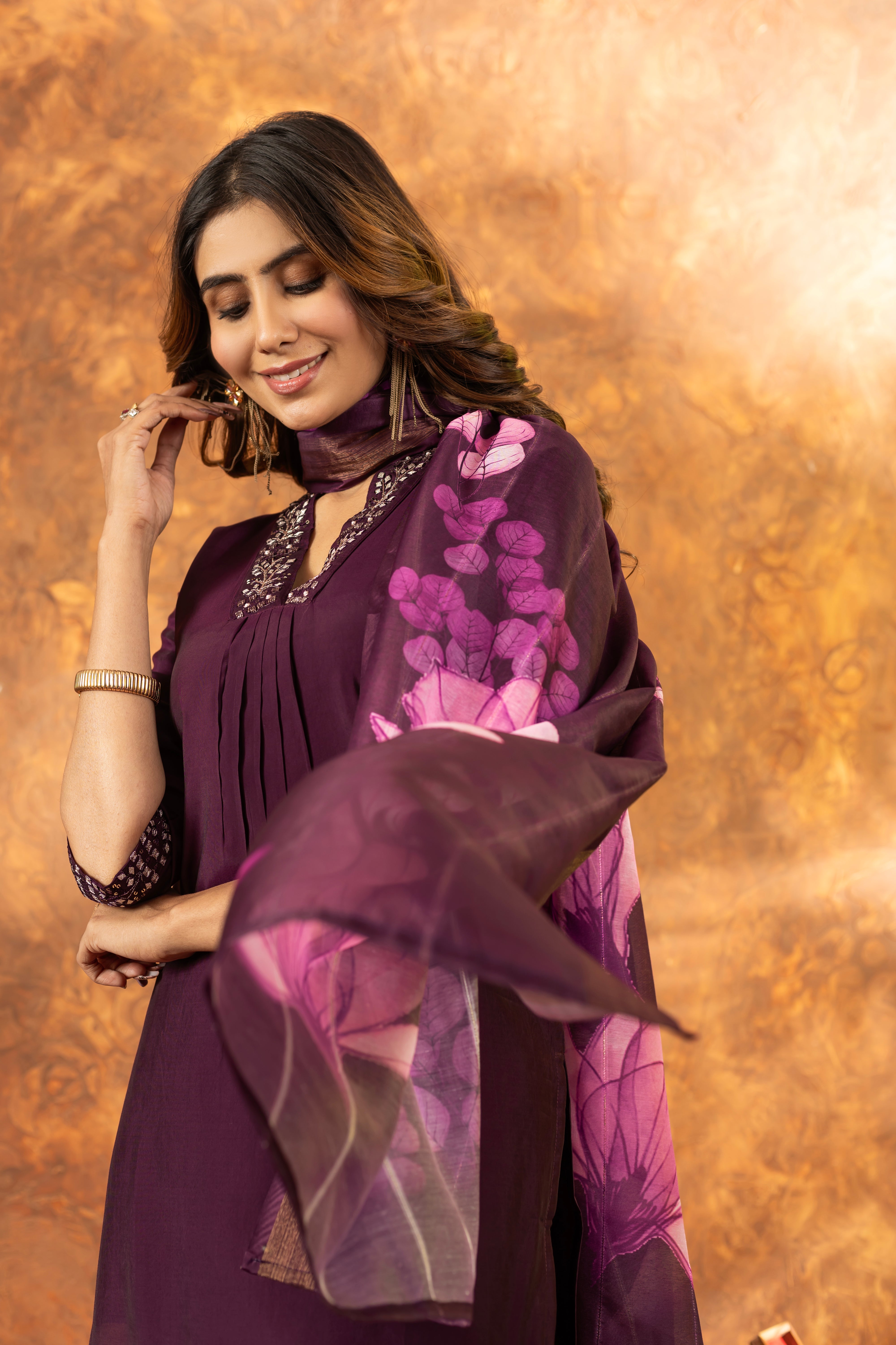 STYLISH PURPLE EMBROIDERED KURTA PANT SET WITH FLORAL DUPATTA