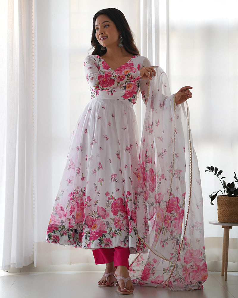 Beautiful White Floral Printed Organza Festival Wear Anarkali Suit