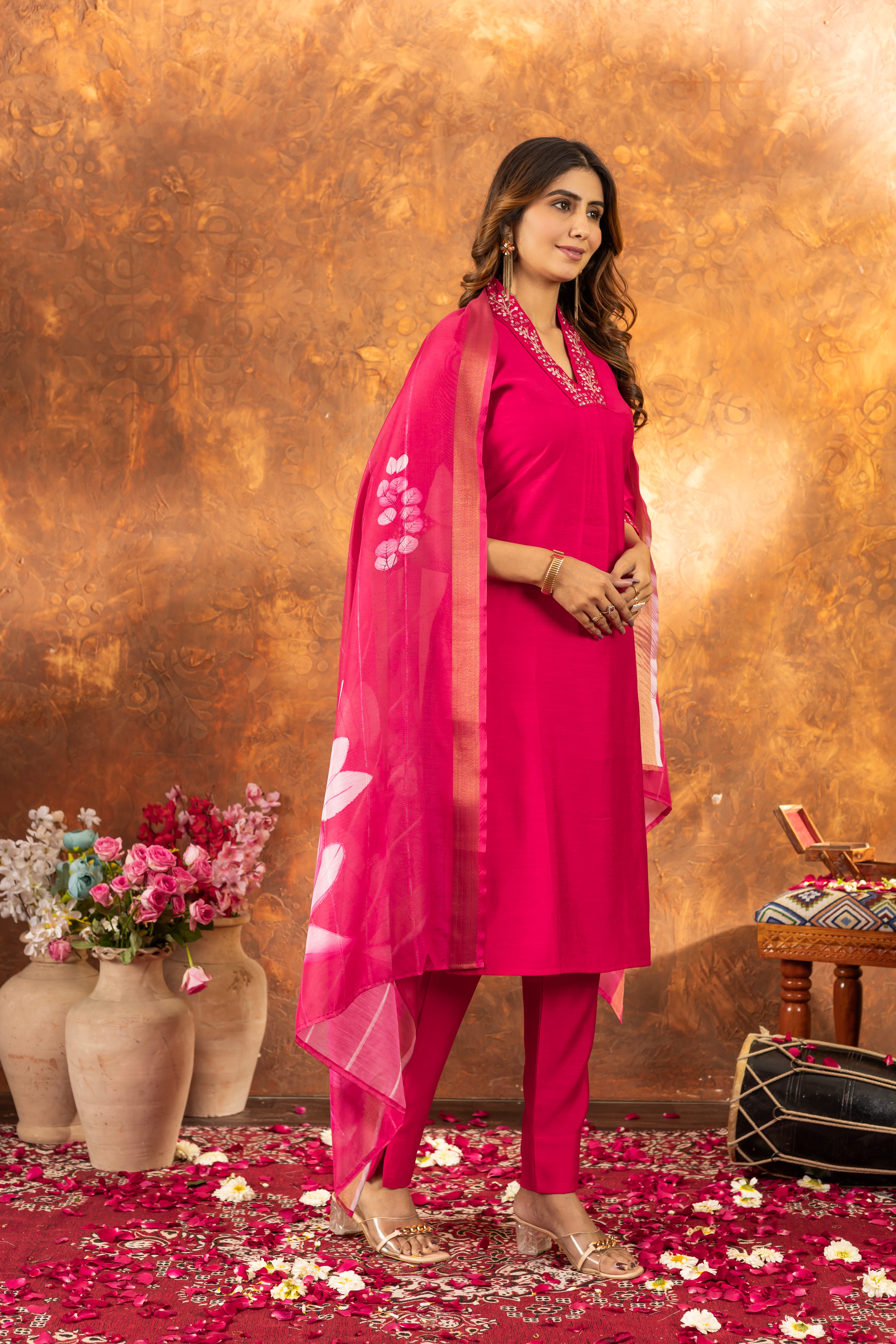 FABULOUS RANI PINK EMBROIDERED KURTA PANT SET WITH FLORAL DUPATTA