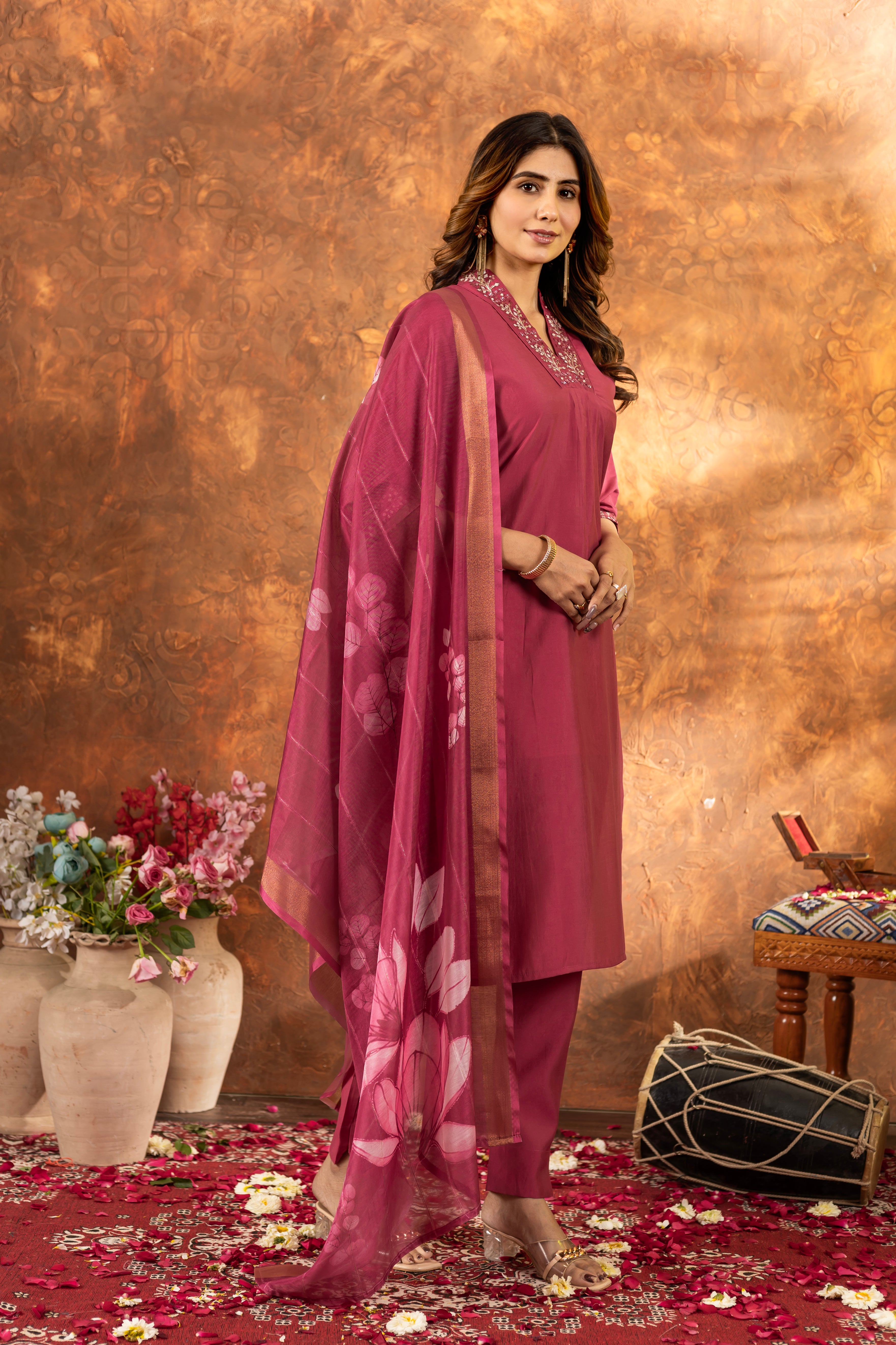 PRECIOUS BLUSH PINK EMBROIDERED KURTA PANT SET WITH FLORAL DUPATTA