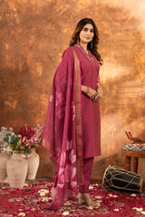 PRECIOUS BLUSH PINK EMBROIDERED KURTA PANT SET WITH FLORAL DUPATTA