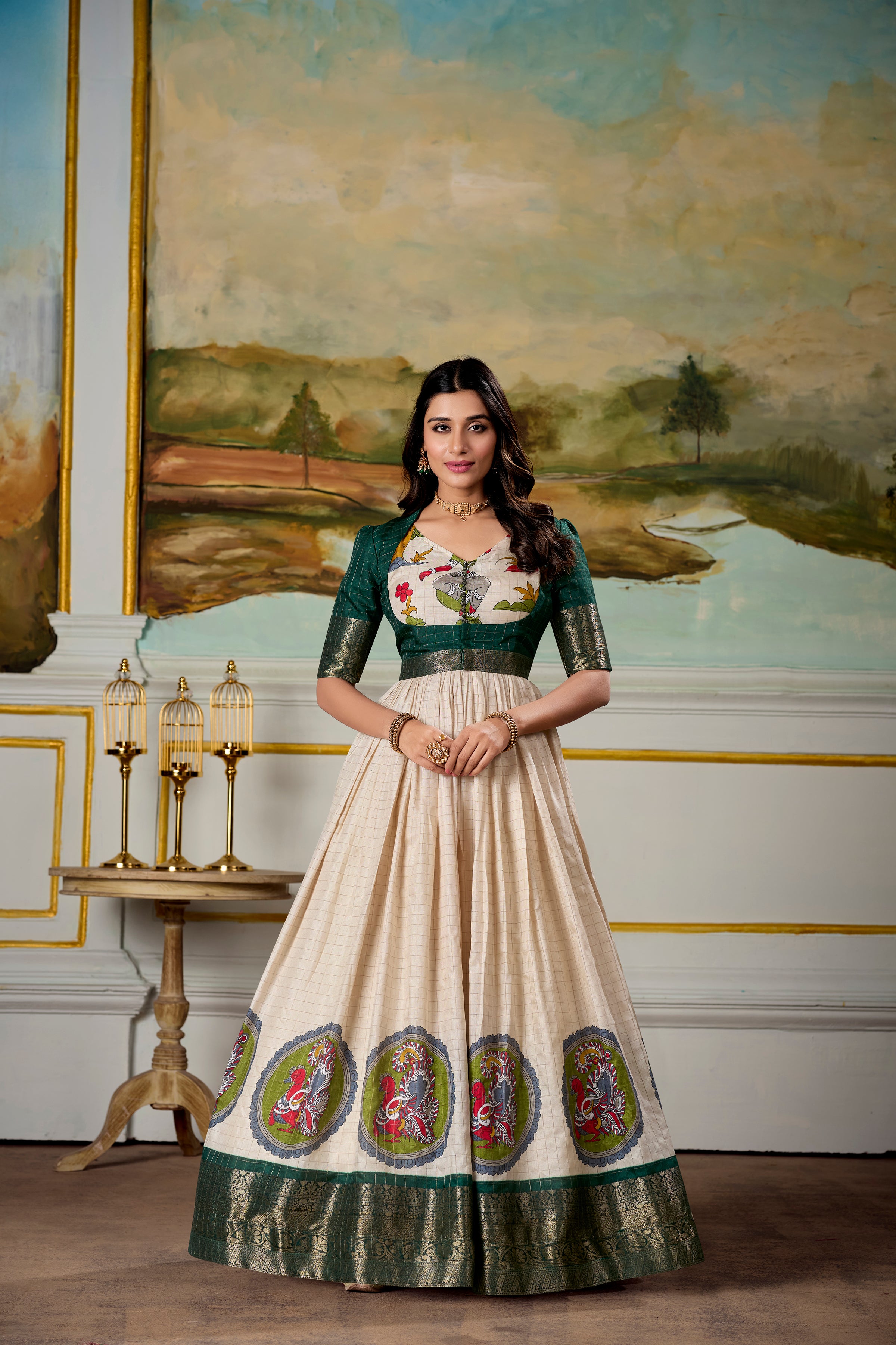 Fantastic Dola Silk Kalamkari Print Gown With Zari Weaving Jacket