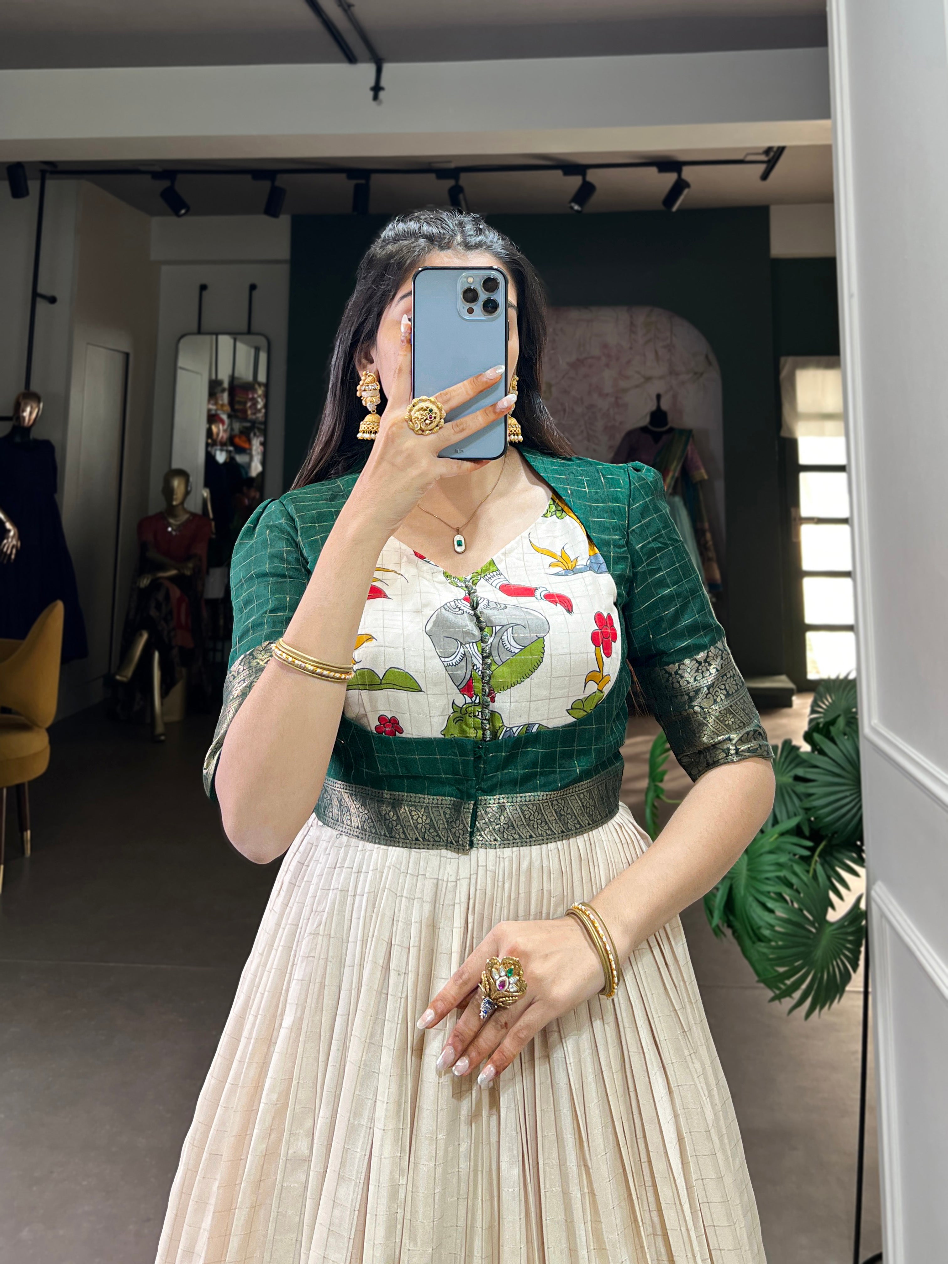 Green Color Kalamkari Print With Zari Weaving Border Dola Silk Gown